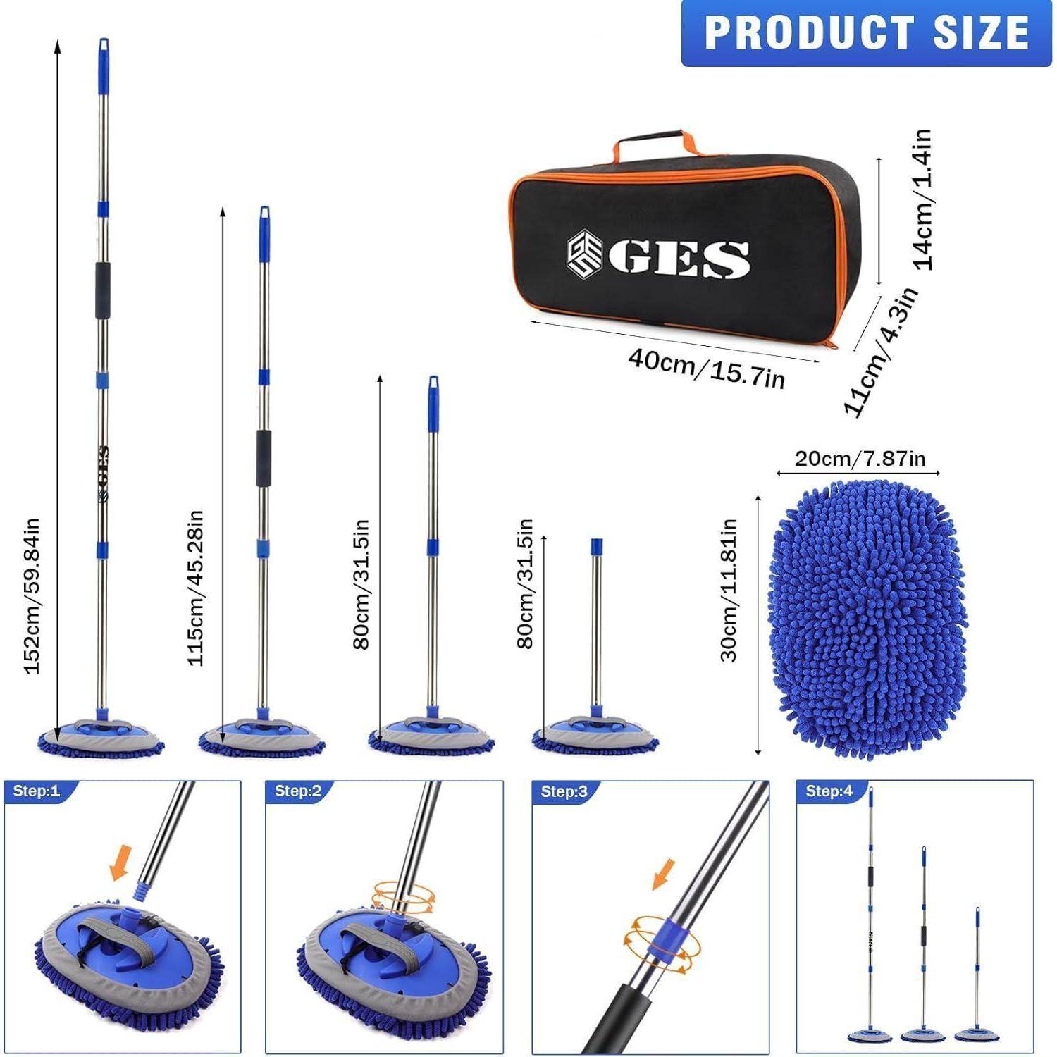 Größentabelle für ein GES-Mopp-Set mit Stangenlängen von 30 cm bis 152 cm, Mopp-Kopfgröße 20 cm, Aufbewahrungstaschengröße 40 x 14 x 11 cm und vier Montageschritte.