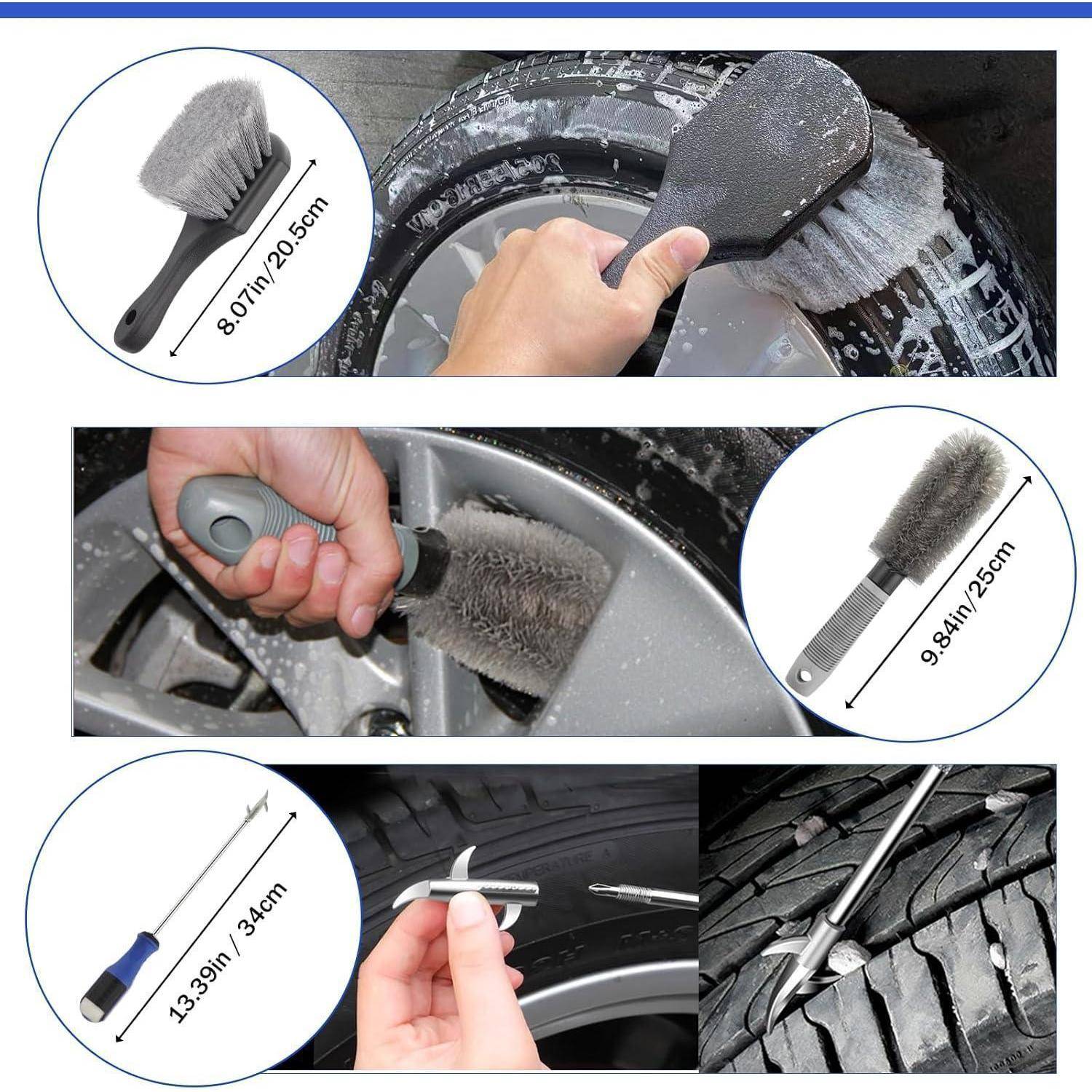 Kollage mit Reifen- und Felgenreinigungswerkzeugen: Eine Hand schrubbt eine Felgenfelge, eine Bürste reinigt einen Reifen, und ein Ventilwerkzeug wird in der Nähe der Reifenprofiltiefe verwendet, mit Größenangaben für Produkte.
