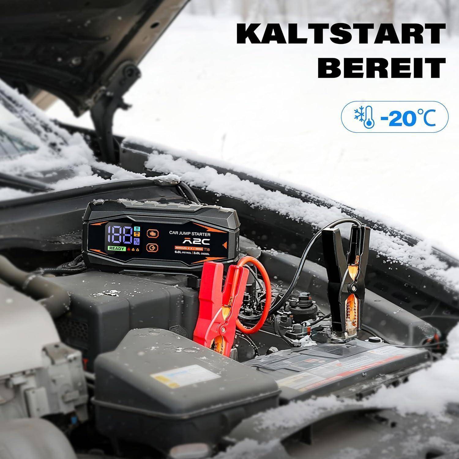 A2C Starthilfe Powerbank, 12V starthilfe powerbank für pkw(bis zu 6L Benzin/3L Diesel), 16800mAh Power Bank(PD/QC 3.0) mit 3 USB, Auto starthilfe