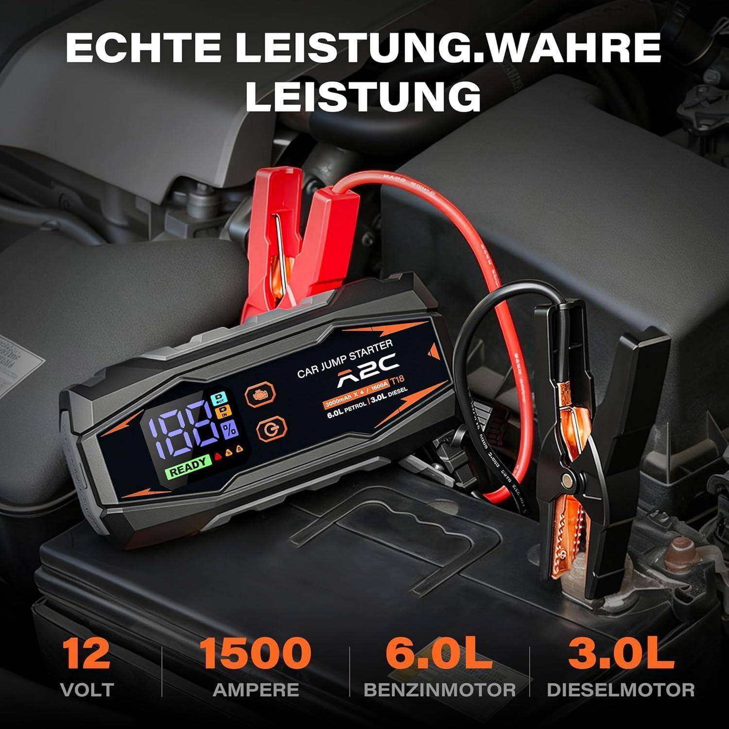A2C Starthilfe Powerbank, 12V starthilfe powerbank für pkw(bis zu 6L Benzin/3L Diesel), 16800mAh Power Bank(PD/QC 3.0) mit 3 USB, Auto starthilfe