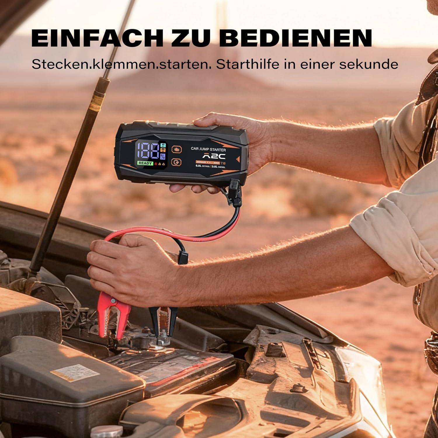 A2C Starthilfe Powerbank, 12V starthilfe powerbank für pkw(bis zu 6L Benzin/3L Diesel), 16800mAh Power Bank(PD/QC 3.0) mit 3 USB, Auto starthilfe