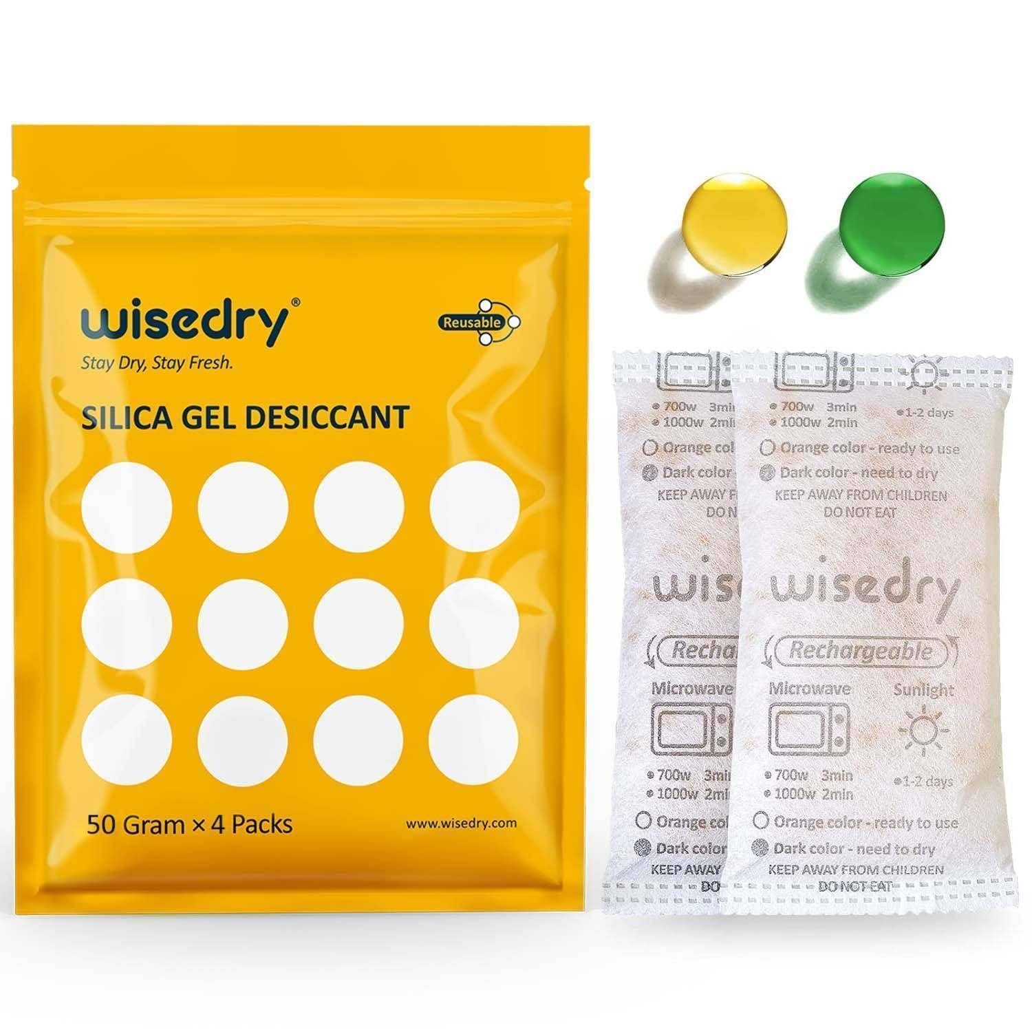 Produktbild von WiseDry-Silicagel-Trockenmittelpaketen: ein gelbes 50-Gramm-4er-Pack auf der linken Seite und zwei wiederverwendbare Säckchen mit farbigen Indikatorperlen auf der rechten Seite.