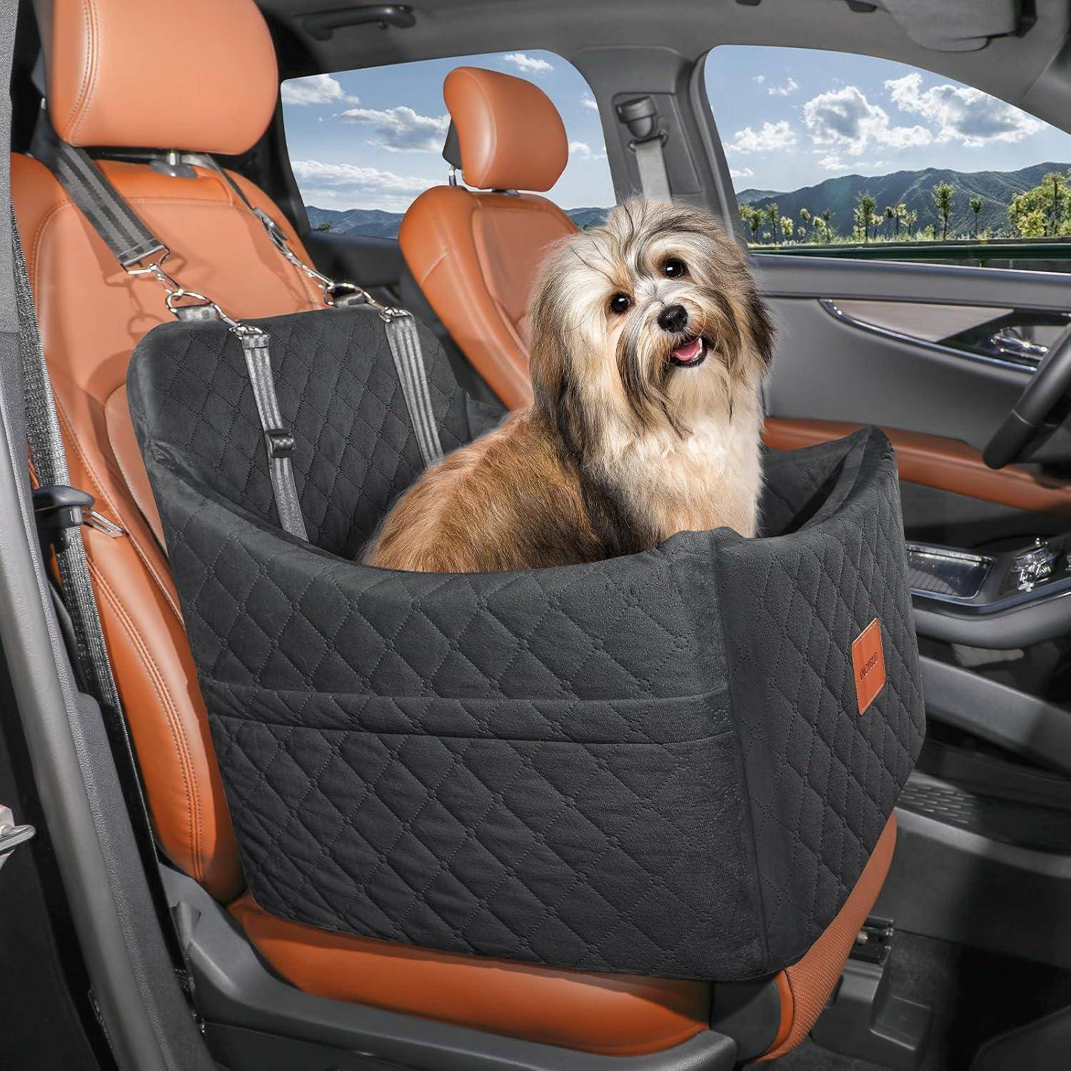 Hunde Autositz für kleine bis mittlere Hunde, Memory Foam erhöhte Kissen Hundeautositz,abnehmbar und waschbar Haustier tragbare Autositz mit 2 Clip-