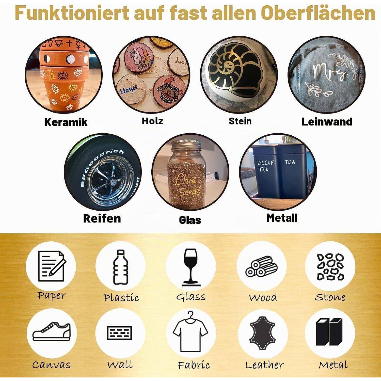 # Infografik zeigt, dass das Material auf vielen Oberflächen funktioniert; Beispiele sind Keramik, Holz, Stein, Leinwand, Reifen, Glas und Metall, beschriftet auf Deutsch und Englisch.