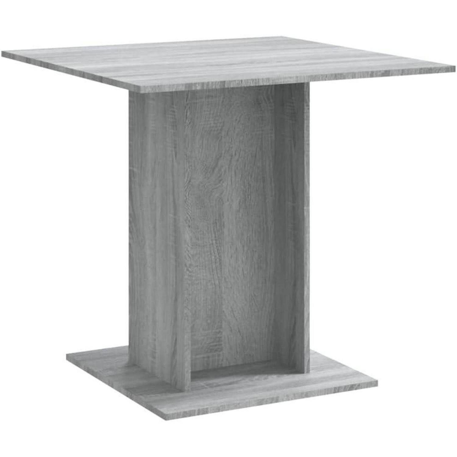 Grauer Holzpedestal-Tisch mit quadratischer Tischplatte und quadratischem Sockel, zentriert auf weißem Hintergrund.
