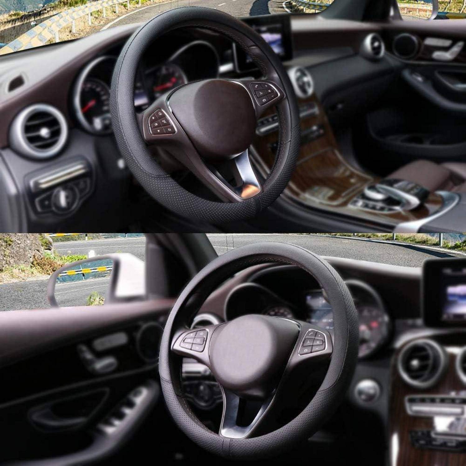 Zwei Innenaufnahmen eines Autos, die ein Lenkrad, ein Armaturenbrett, Türsteuerungen und eine Mittellkonsole zeigen, wobei der Fahrersitz betont wird.