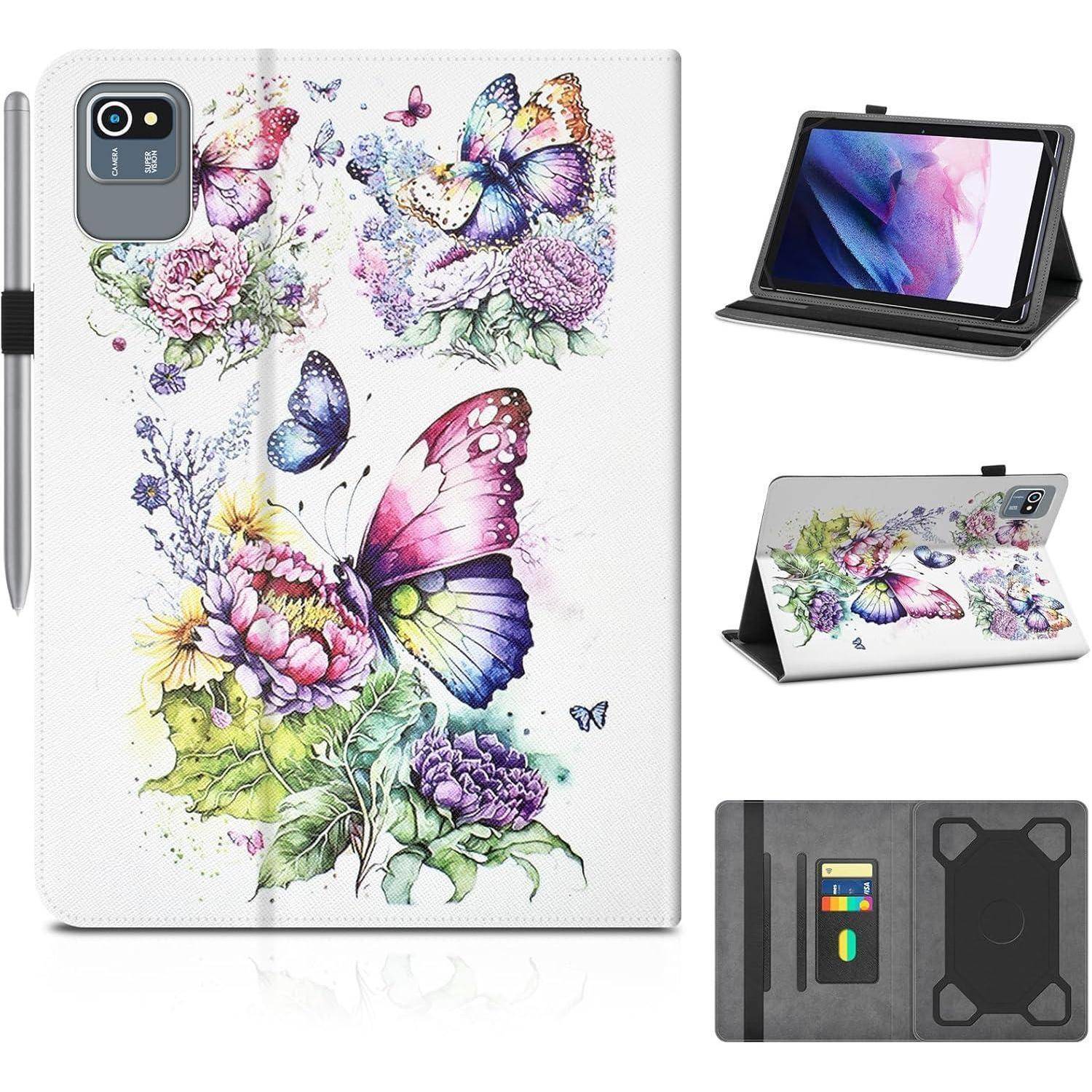 Tablet-Schutzhülle mit Schmetterlings- und Blumenmotiv mit Eingabestift, gezeigt von vorne und in Ständerposition auf einem Tablet.