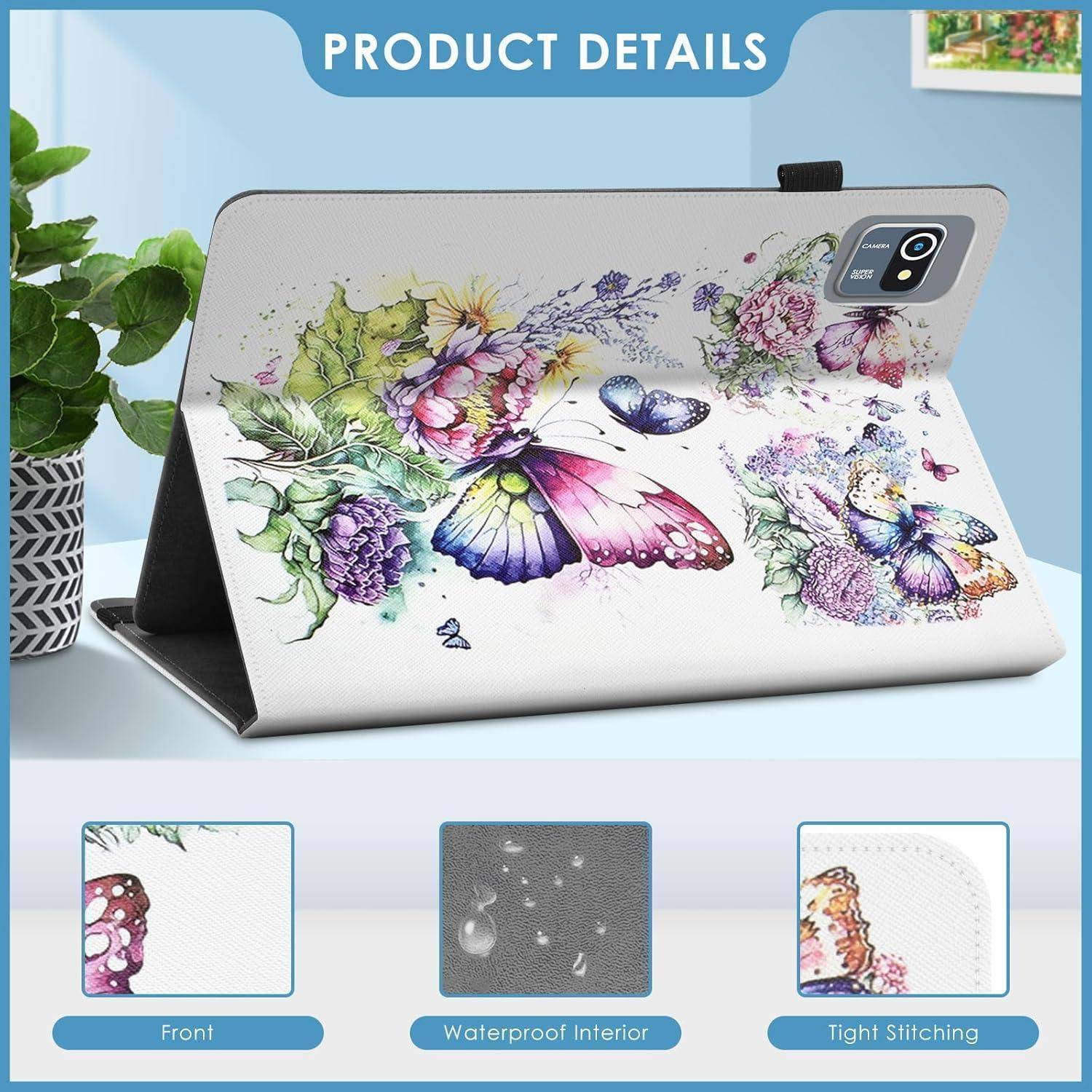Florale Schmetterlings-Tablet-Foliohülle, offen gezeigt, mit gedrucktem Frontdesign, wasserdichtem Inneren und enger Nähte, die in Detailpanels hervorgehoben sind.