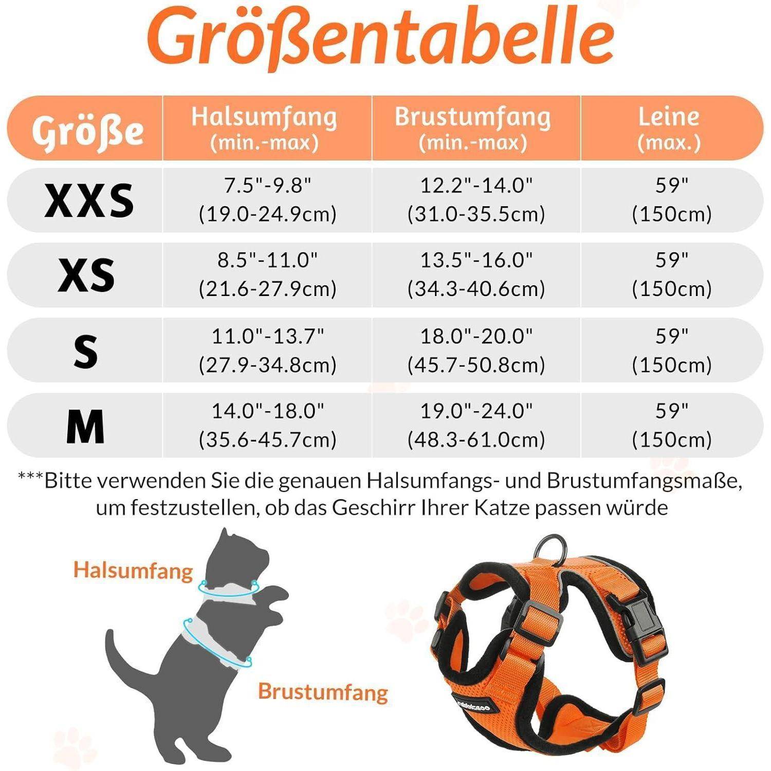 Größendiagramm für Katzengeschirre XXS, XS, S und M mit Hals-, Brust- und Leinenlängenmessungen; enthält eine Katzenillustration und ein Foto eines orangefarbenen Geschirrs.