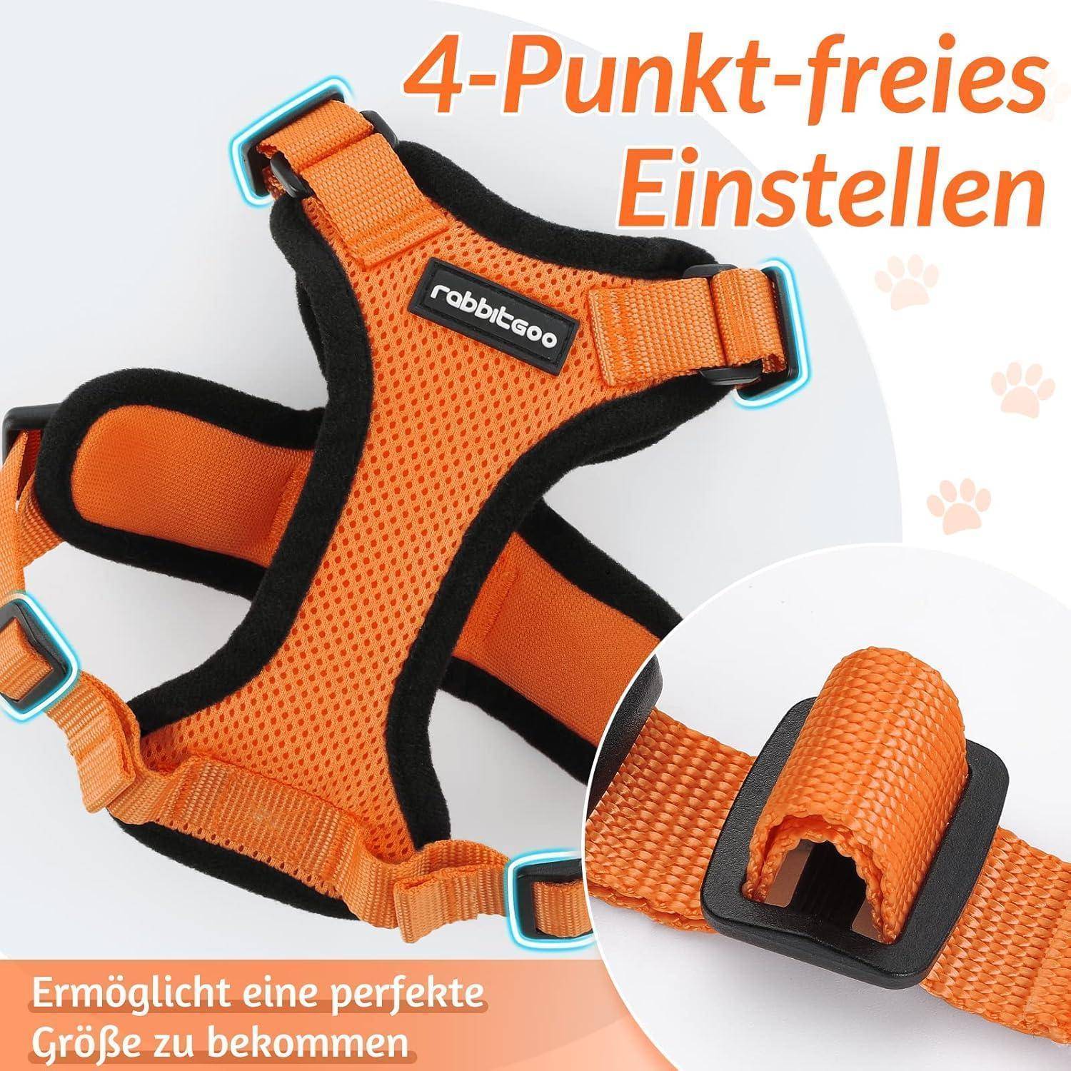 Orange-and-schwarzes verstellbares Hundegeschirr mit 4-Punkt-Verstellung hervorgehoben; deutscher Text sagt „4-Punkt-freies Einstellen" und „Ermöglicht eine perfekte Größe zu bekommen"".