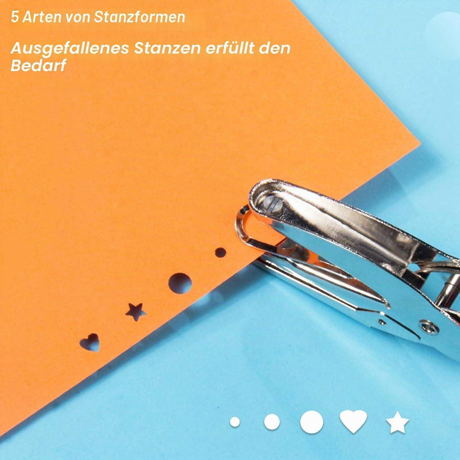 Papierstanzer, der dekorative Lochformen in orangem Papier auf blauem Hintergrund erstellt, mit deutschem Text „5 Arten von Stanzformen" und „Ausgefallenes Stanzen erfüllt den Bedarf"".