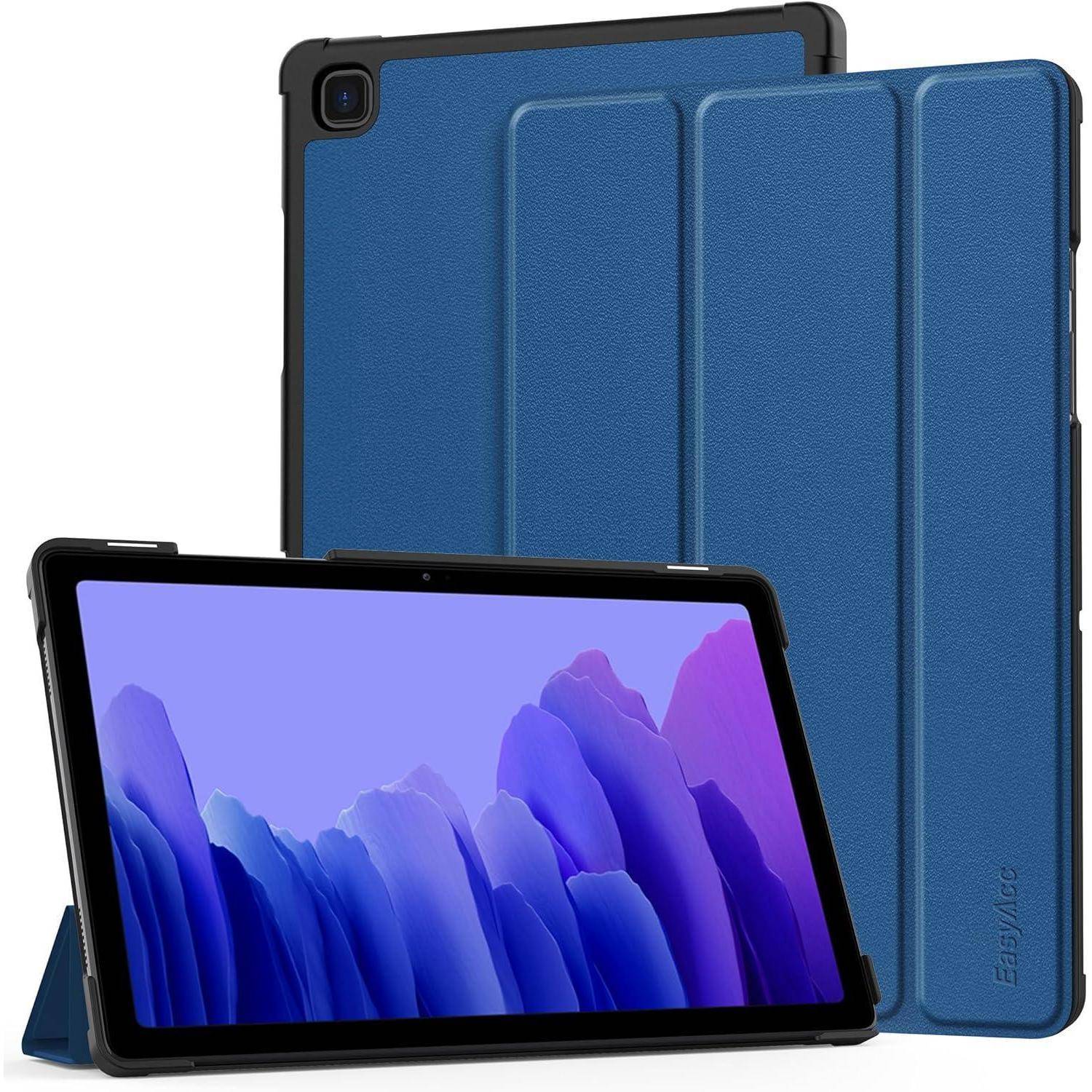 Blauetui mit Ständer, gezeigt mit einem schwarzen Tablet, das ein violettes Bergwallpaper anzeigt, wobei die Schutzschutzhülle und die Ständerfunktion hervorgehoben werden.