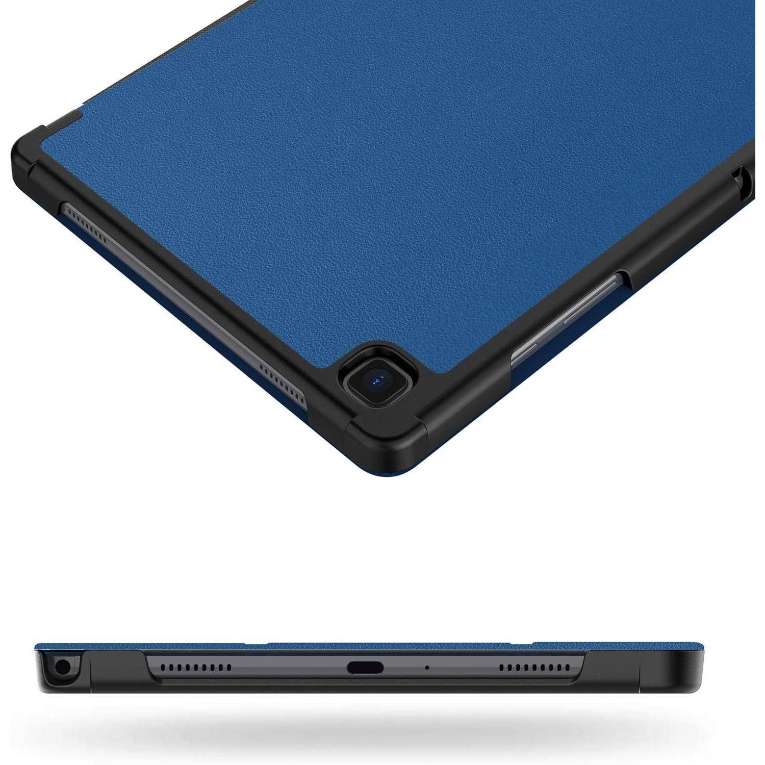 Blaue Tablet-Schutzhülle mit schwarzem Stoßfänger, gezeigt in angewinkelter und Seitenansicht, mit Kameraöffnung und Anschlussausschnitten.