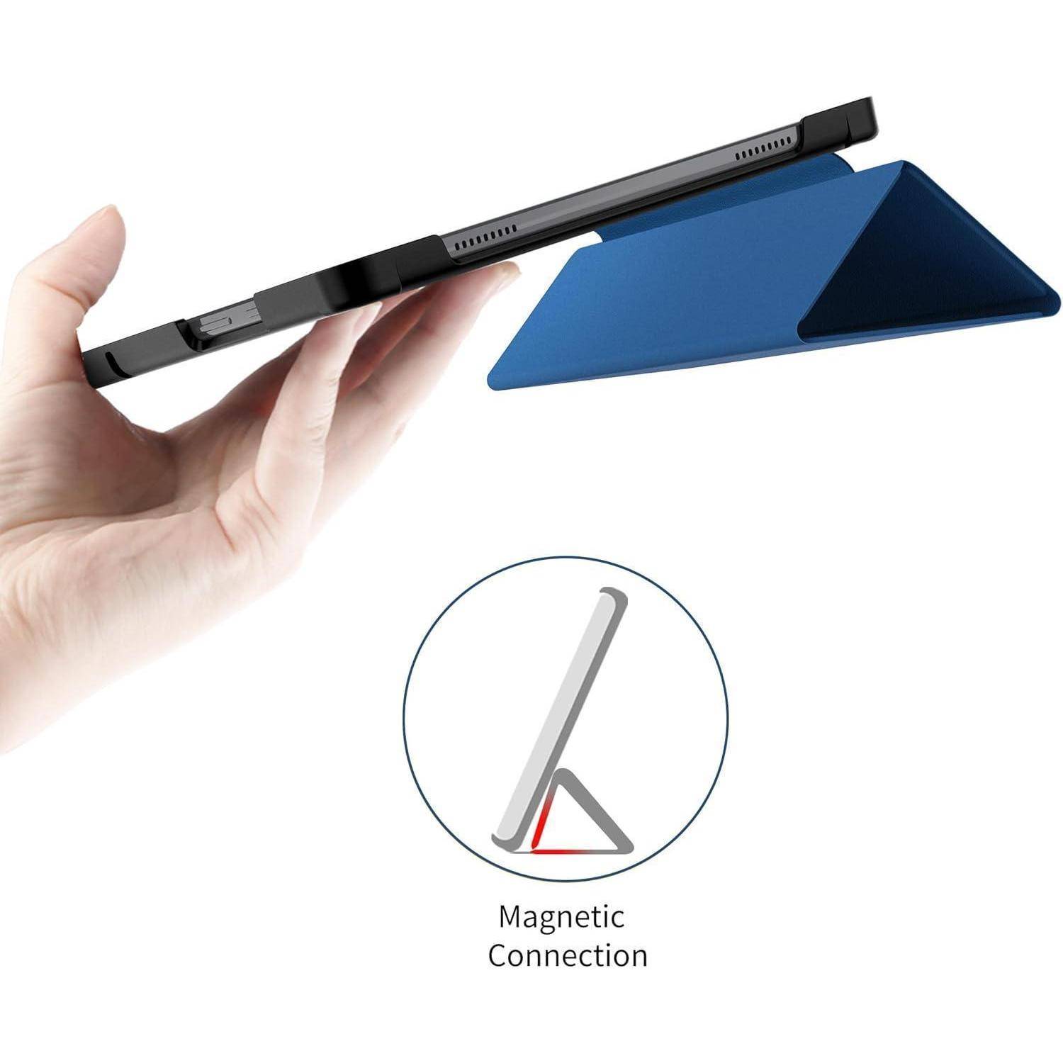 Eine Hand hält ein Tablet mit einem ausklappbaren blauen Magnetständer; ein Inset-Diagramm kennzeichnet die "Magnetische Verbindung"" des Ständers.