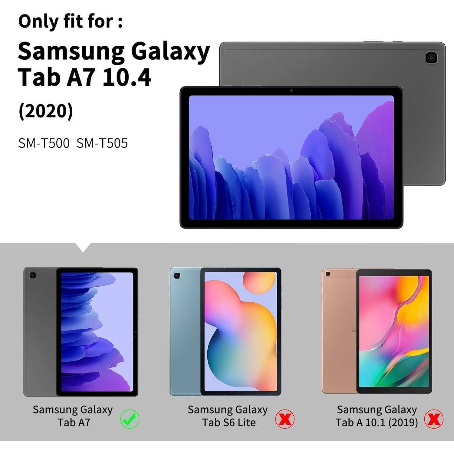 Produktkompatibilitätsgrafik mit der Aussage „Nur passend für: Samsung Galaxy Tab A7 10.4 (2020) SM-T500 SM-T505", mit einem grünen Häkchen für Tab A7 und roten Kreuzen für Tab S6 Lite und Tab A 10.1 (2019).