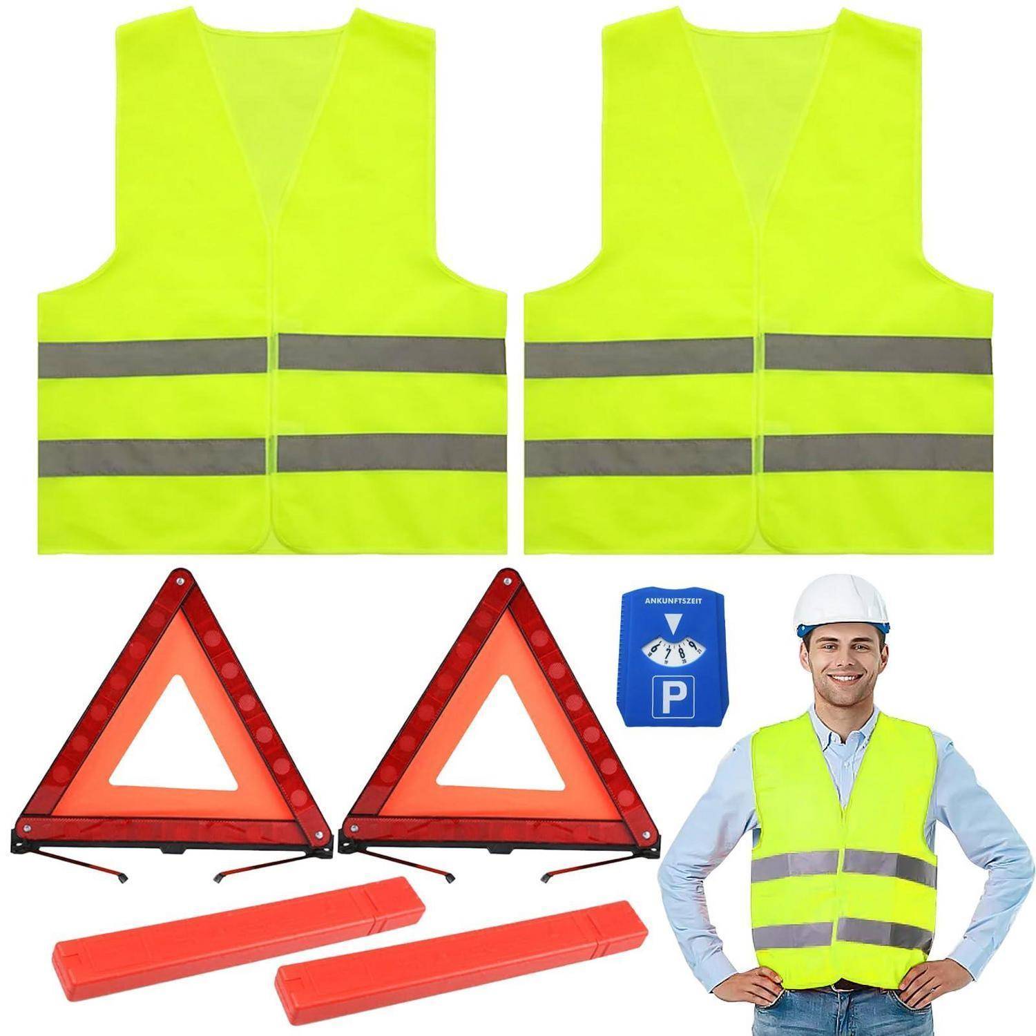 Sicherheitsausrüstungsset mit zwei hochsichtbaren gelben Westen, zwei Warndreieken, einem blauen Parkplatzschild, zwei Straßenleuchten und einem lächelnden Arbeiter mit Schutzhelm.