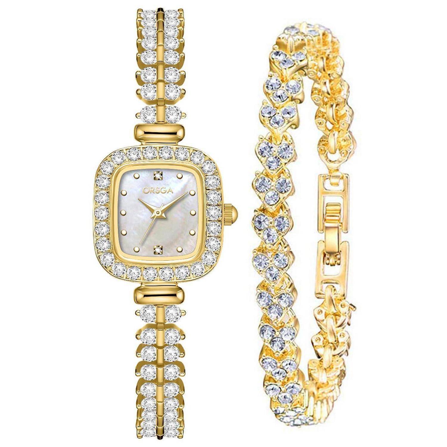 Damenuhr aus Gold und passendes Armband-Set, beide mit klaren Kristallsteinen besetzt und quadratischem Perlmutt-Zifferblatt.