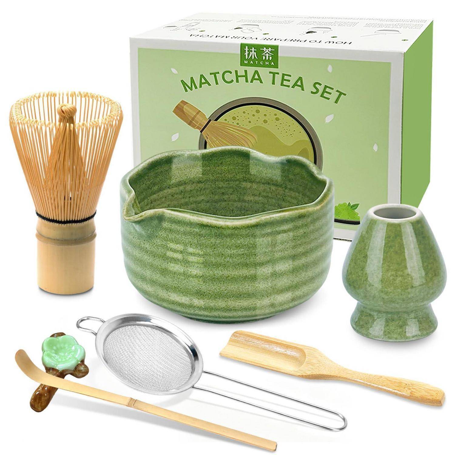 JBER Matcha Set 7 Teiliges, Matcha Tea Set - Bambus Matcha Besen, Matcha Schale mit Ausgießer, Sieb, Besenhalter & Zubehör, Perfekt für Matcha-Lieb