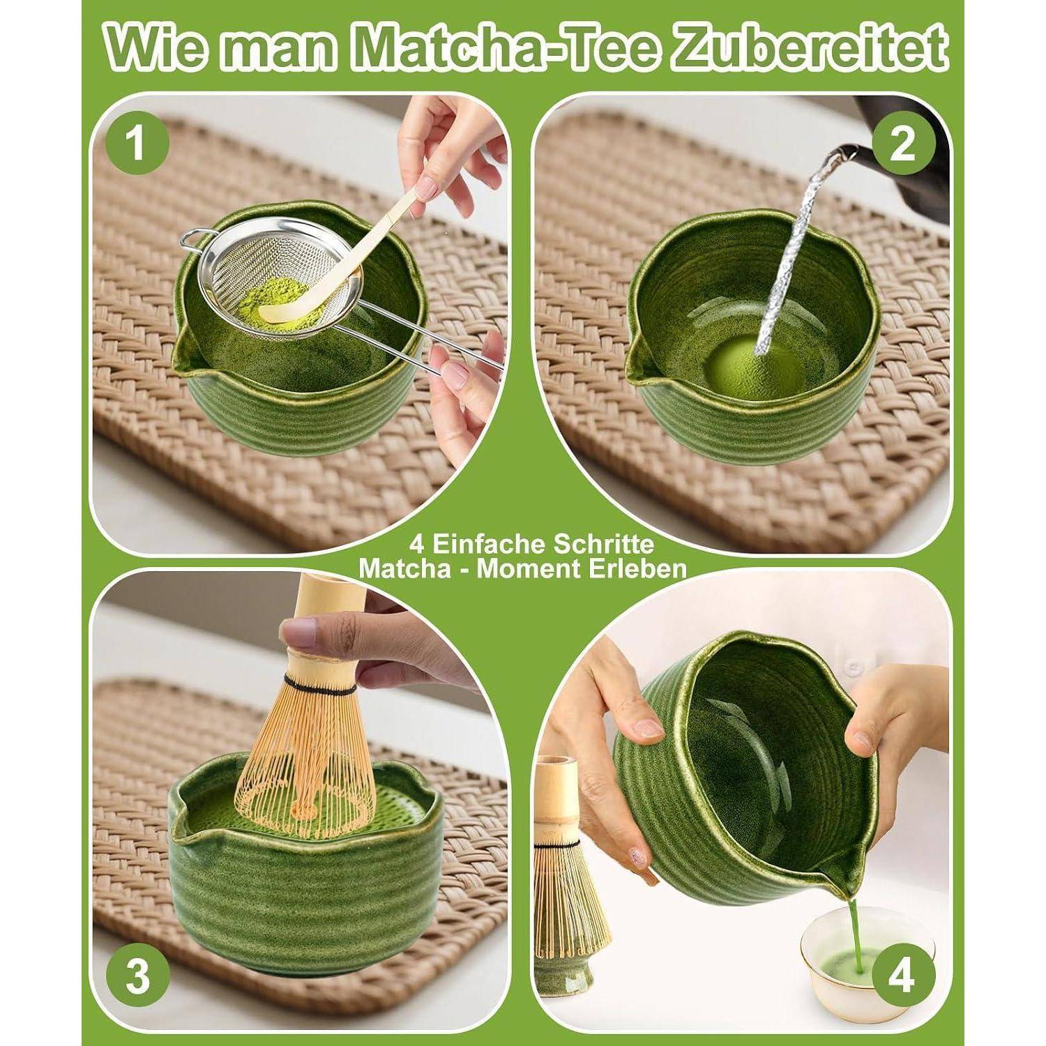 JBER Matcha Set 7 Teiliges, Matcha Tea Set - Bambus Matcha Besen, Matcha Schale mit Ausgießer, Sieb, Besenhalter &amp; Zubehör, Perfekt für Matcha-Lieb