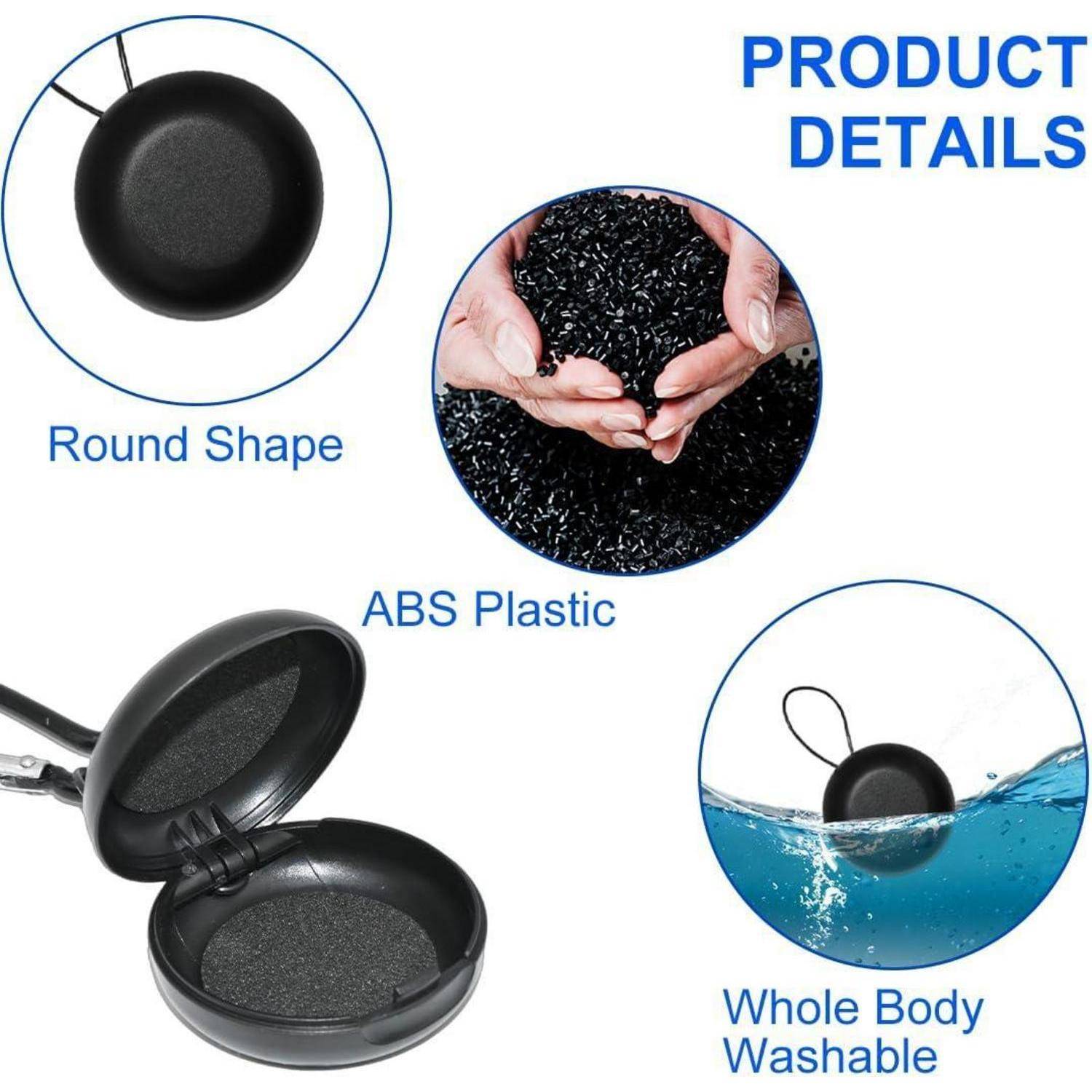 Produktdetails-Grafik, die einen runden schwarzen ABS-Kunststoffbehälter zeigt, der vollständig abwaschbar ist, mit Abbildungen seiner Form, des Materials und des geöffneten Scharnierdeckels.
