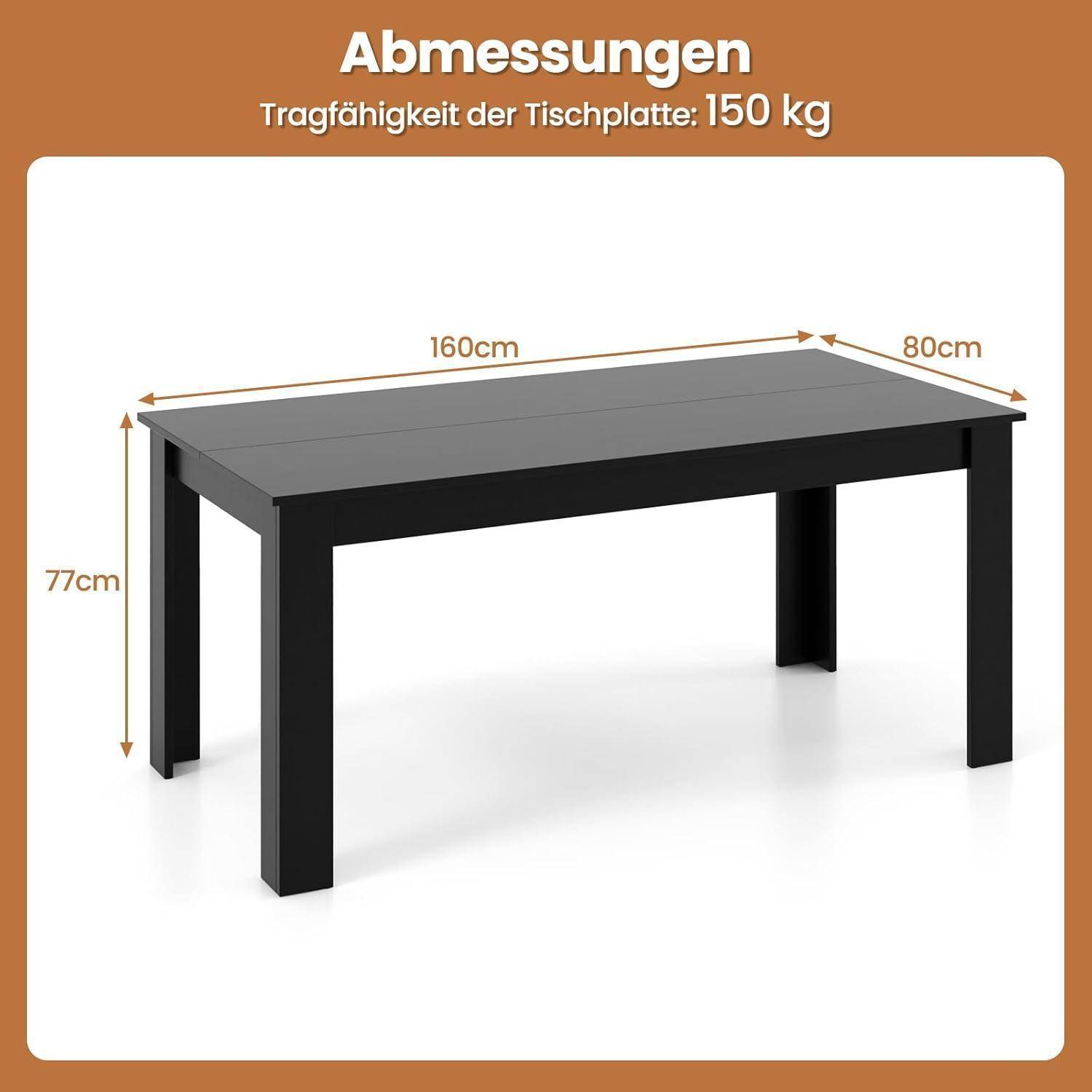 RELAX4LIFE Esstisch 160 x 80 x 77 cm, Esszimmertisch für 4 Personen, Küchentisch aus Holz, Speisetisch Modern, Holztisch für Esszimmer Küche (Schw
