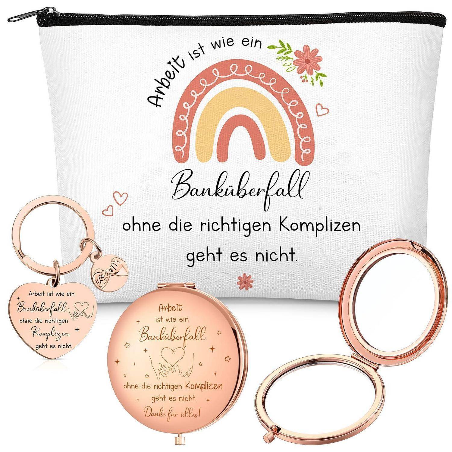 Weiße Reißverschlusstasche mit Regenbogengrafik und deutschem Text „Arbeit ist wie ein Banküberfall ... ohne die richtigen Komplizen geht es nicht
