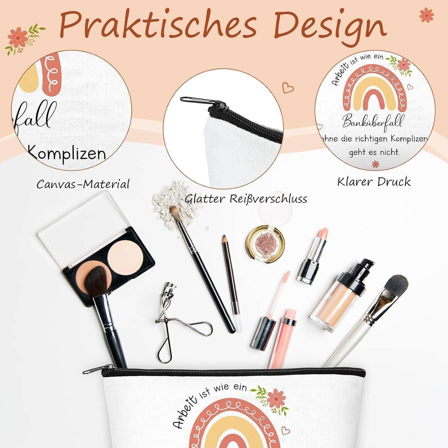 Werbebild einer weißen Kosmetiktasche mit Reißverschluss und gedrucktem Regenbogen-Design, umgeben von Make-up-Werkzeugen; deutscher Text hebt praktisches Design, Leinenstoff, sanften Reißverschluss und klaren Druck hervor.
