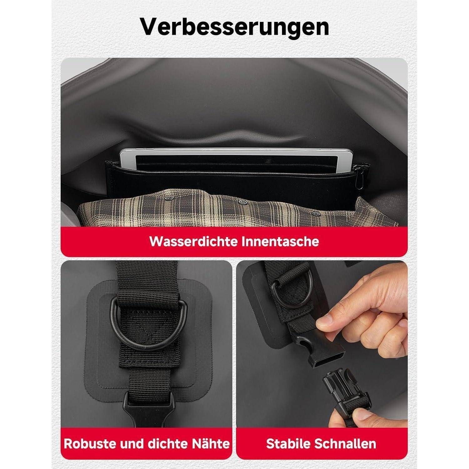 Illustration von Taschenmerkmalen mit deutschen Beschriftungen: wasserdichte innere Tasche, starke dichte Nähte und robuste Schnallen.