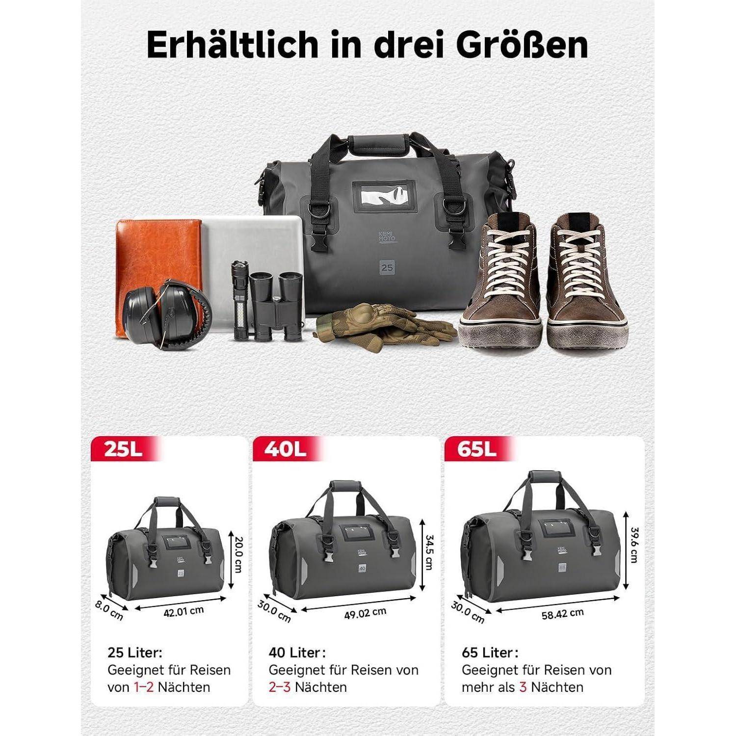 KEMIMOTO Motorrad Hecktasche 25L, IPX6 wasserdichte Motorradtasche Gepäckrolle mit Schnellverschlussgurten, Große Kapazität &amp; Mehrere Fächer, Idea