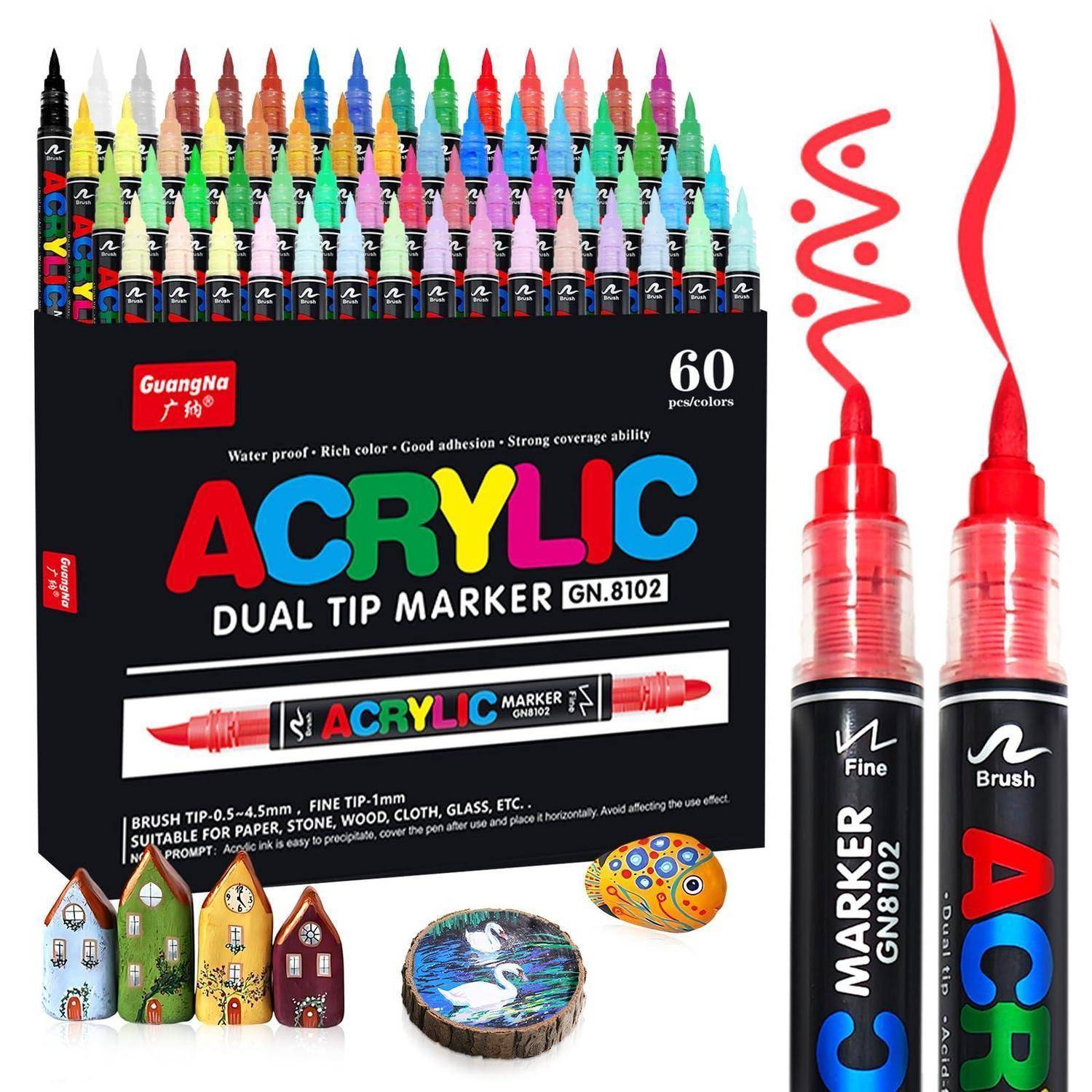 Vakki 60 Acrylstifte für steine wasserfest, Doppelspitze Acrylmarker, 4,0g Mega-Tintenvorrat Acrylic marker Acrylmarker Set Perfekt für Steine Bemal
