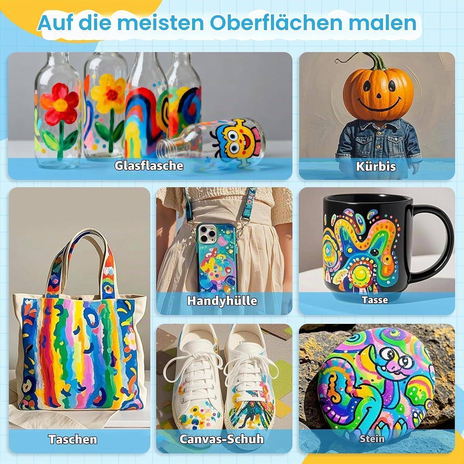 Eine deutsche Collage mit dem Titel „Auf die meisten Oberflächen malen