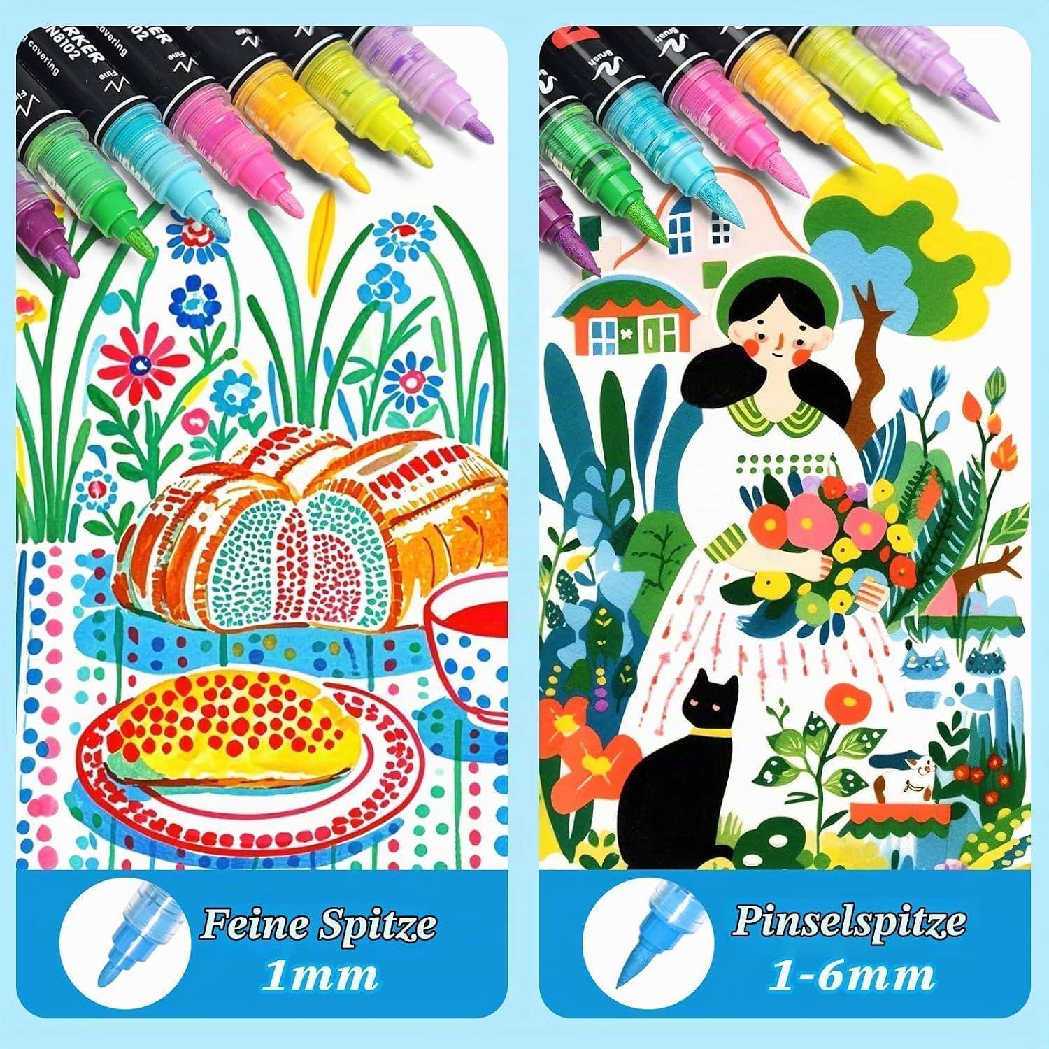 Nebeneinander angeordnete Werbebild von farbigen Marker-Stiften mit feinen 1-mm- und Pinsel-1-6-mm-Spitzenoptionen, mit illustrierten Mustern, die ihre Zeichenstile demonstrieren.