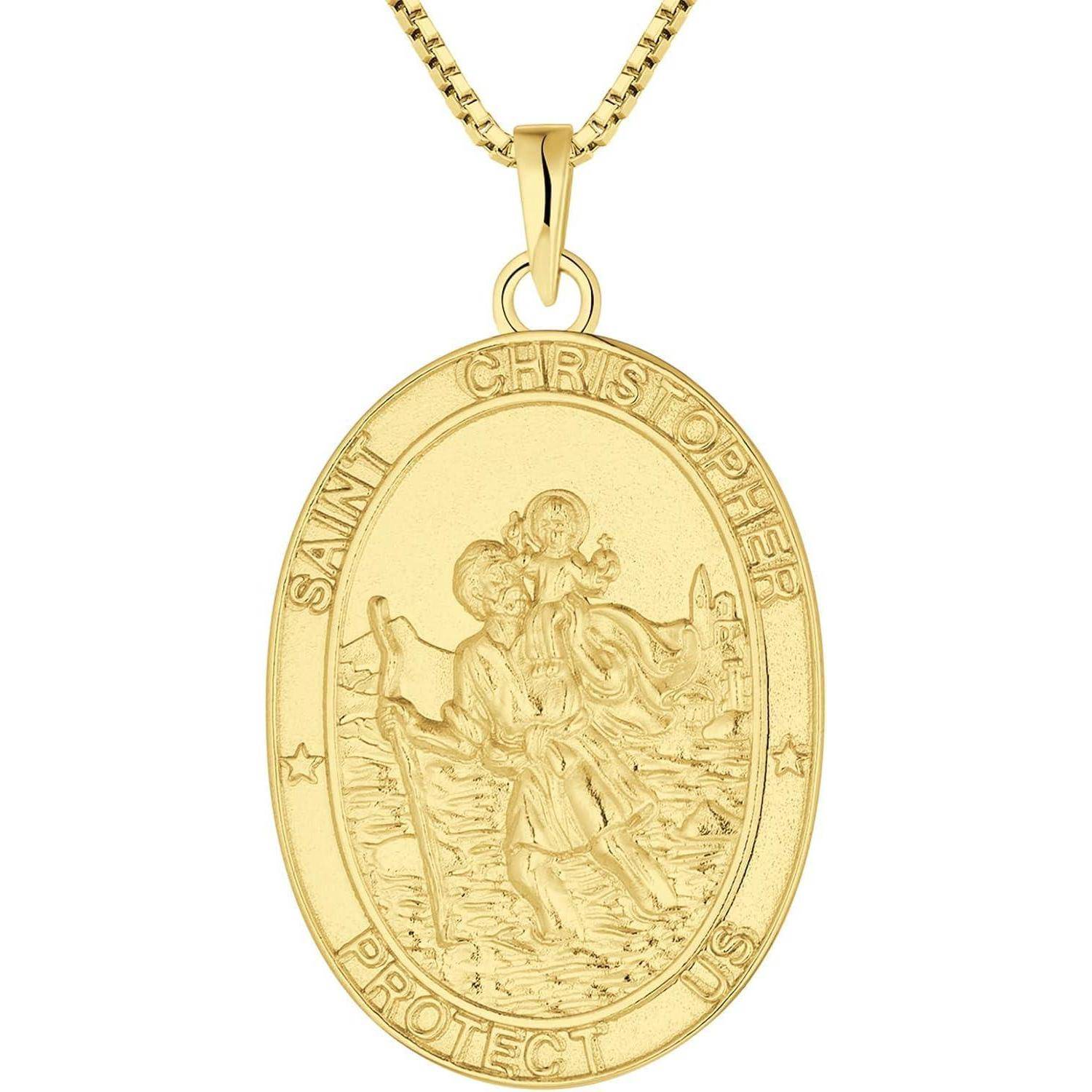 Goldanhänger Heiliger Christophorus mit ovalem Medaillon und geprägter Figur, graviert mit „SAINT CHRISTOPHER
