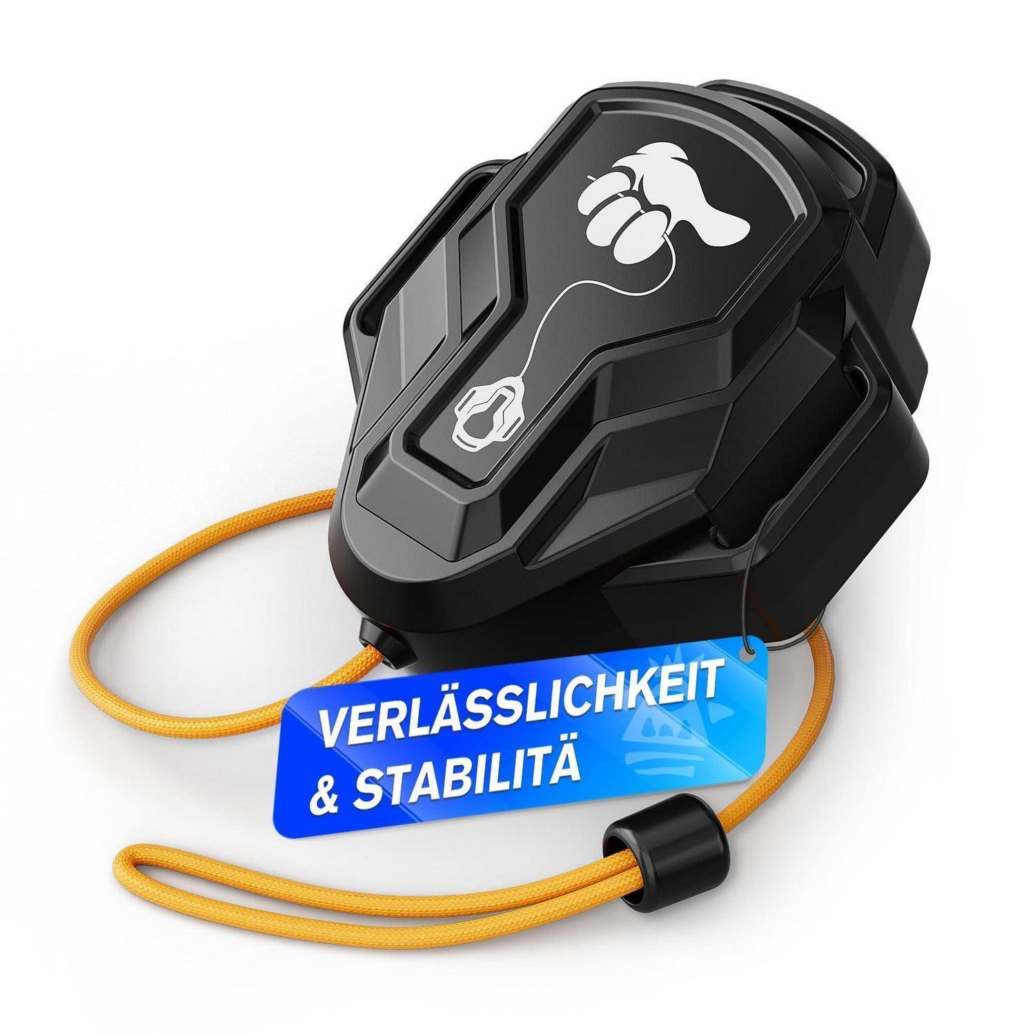 Schwarzer Karabinerstil-Clip mit orangem Seil und blauem Anhänger mit der Aufschrift „VERLÄSSLICHKEIT & STABILITÄT
