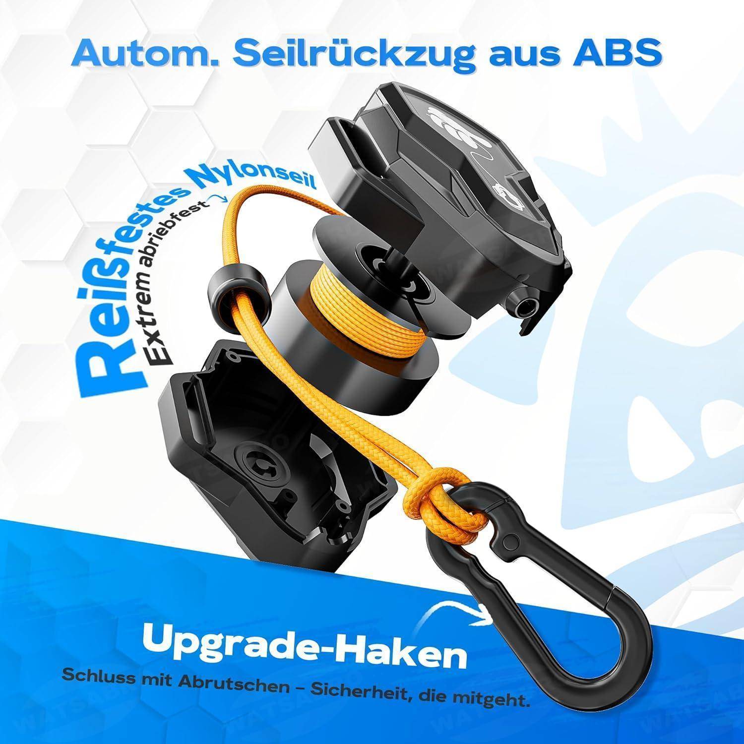 Schwarze ABS-Selbstrückzugsleine mit Nylonseil und Upgrade-Haken; deutscher Text bewirbt „Reliefset