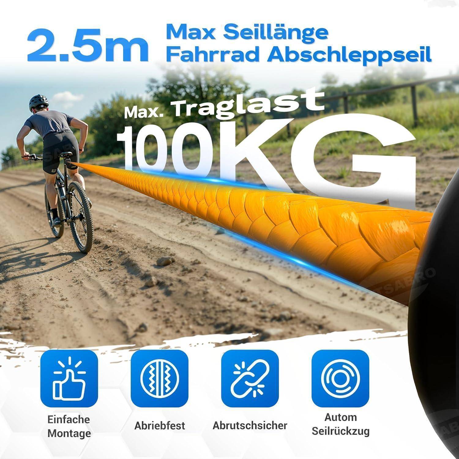 Anzeige zeigt einen Radfahrer, der mit einem orangefarbenen Fahrrad-Abschleppseil zieht; der Text besagt maximale Länge 2,5 m und maximale Belastung 100 kg, mit Symbolen für einfache Montage, Verschleißfestigkeit, Rutschschutz und automatische Seilaufwicklung.