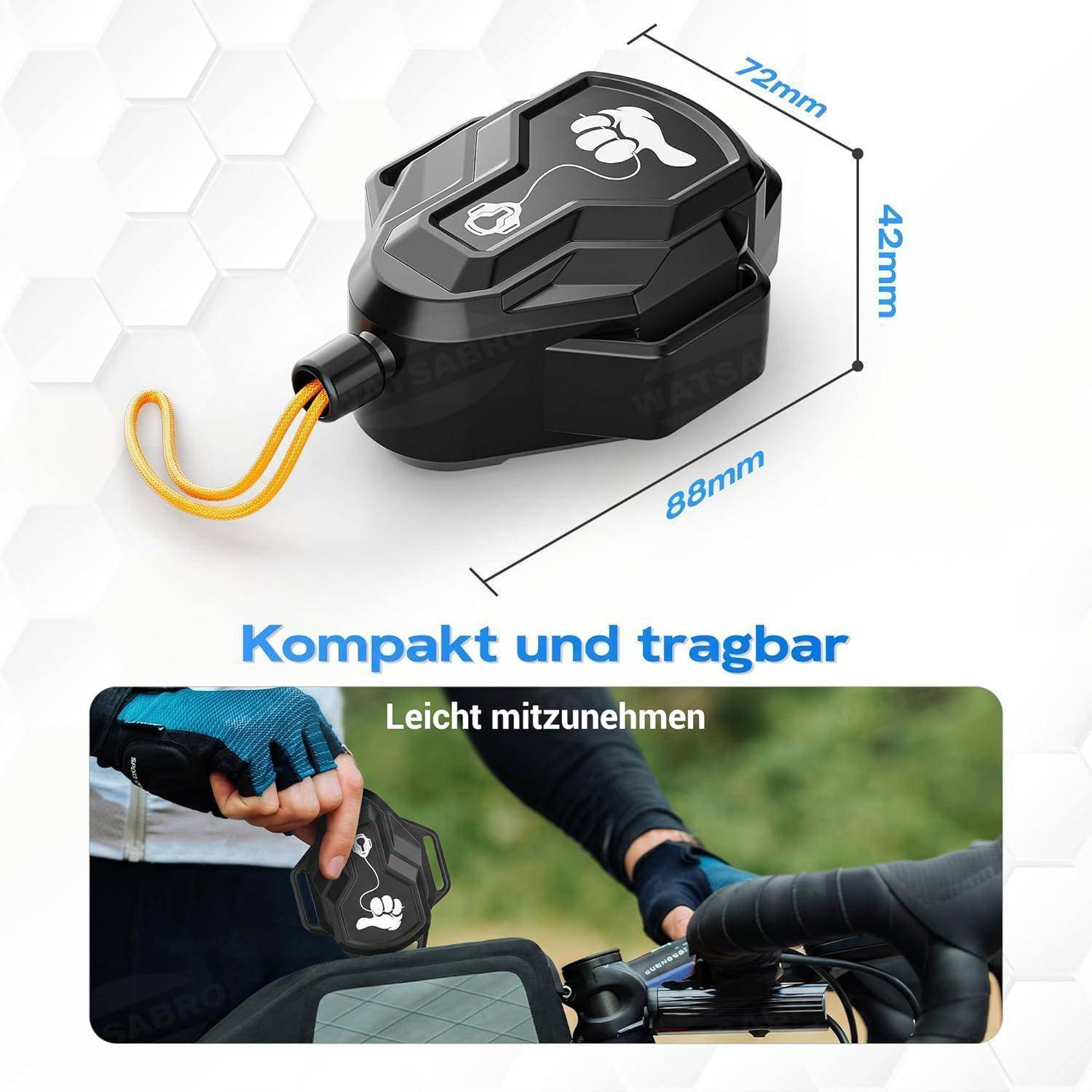 Kompakte schwarze einziehbare Hundeleine mit Pfotendruck, gezeigt mit Abmessungen 88 mm × 72 mm × 42 mm; das untere Foto zeigt sie an einem Fahrradlenker befestigt, beschriftet mit „Kompakt und tragbar