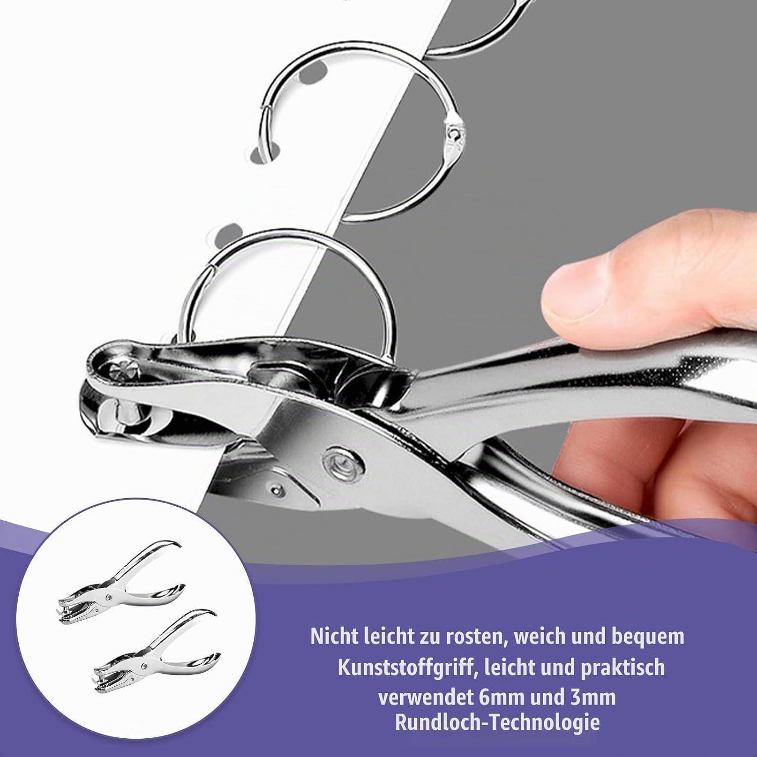 # Hand, die ein Metalllocher auf einem Ringbinder benutzt, mit Ausschnitt des Werkzeugs und deutschem Text, der rostbeständige Kunststoffgriffe und 6-mm-/3-mm-Rundloch-Technologie bewirbt.
