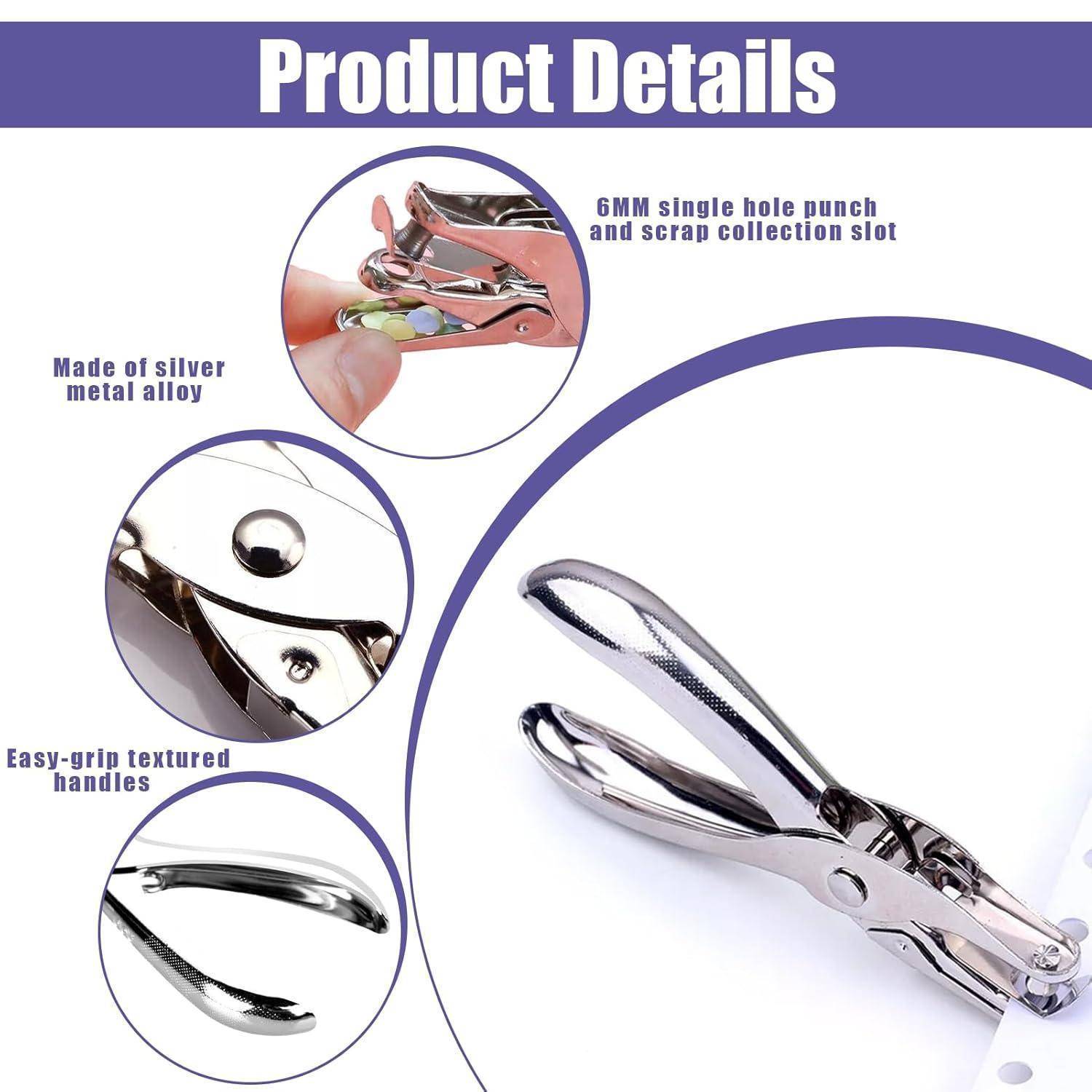 Produktdetail-Bild einer silbernen Metalllochwstanze mit ergonomischen Griffen und 6-mm-Einzellochstanze, in Nahaufnahme mit Funktionsauszeichnungen dargestellt.