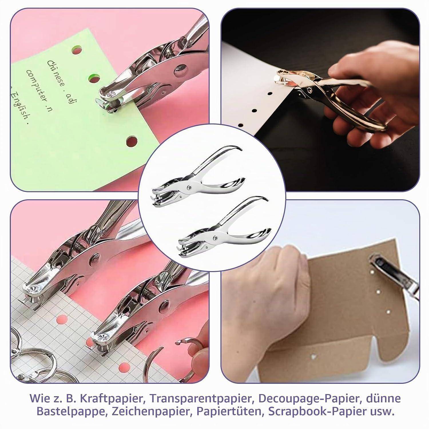 Collage zeigt ein vernickeltes Single-Hole-Papierlochgerät, das auf Papier, Karton und Bastelpapier verwendet wird; das mittlere Bild hebt das Lochwerkzeug hervor.