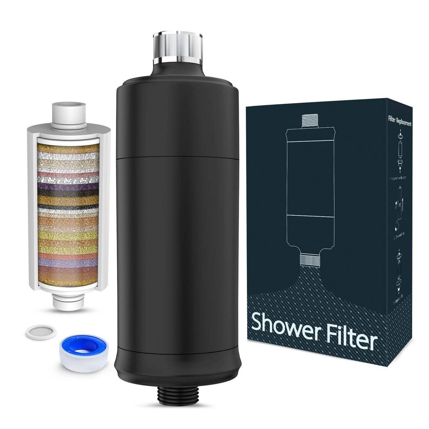 Duschfilter-Produkt mit schwarzem zylindrischem Filter, aufgeschnittenem Kartuschenquerschnitt, Austauschring und Verpackung der Box „Duschfilter