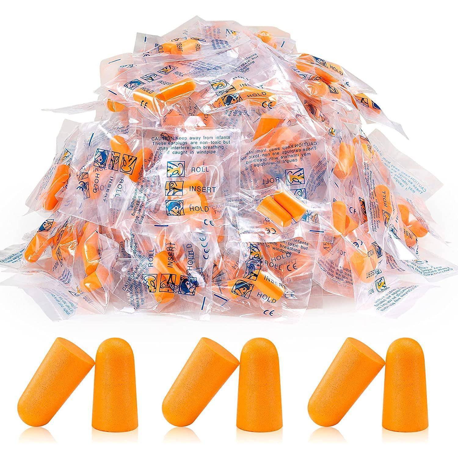 Großpackung aus orangefarbenen Schaumstoff-Ohrstöpseln in klaren Einzelverpackungen, mit mehreren ausgepackten Paaren unten dargestellt.