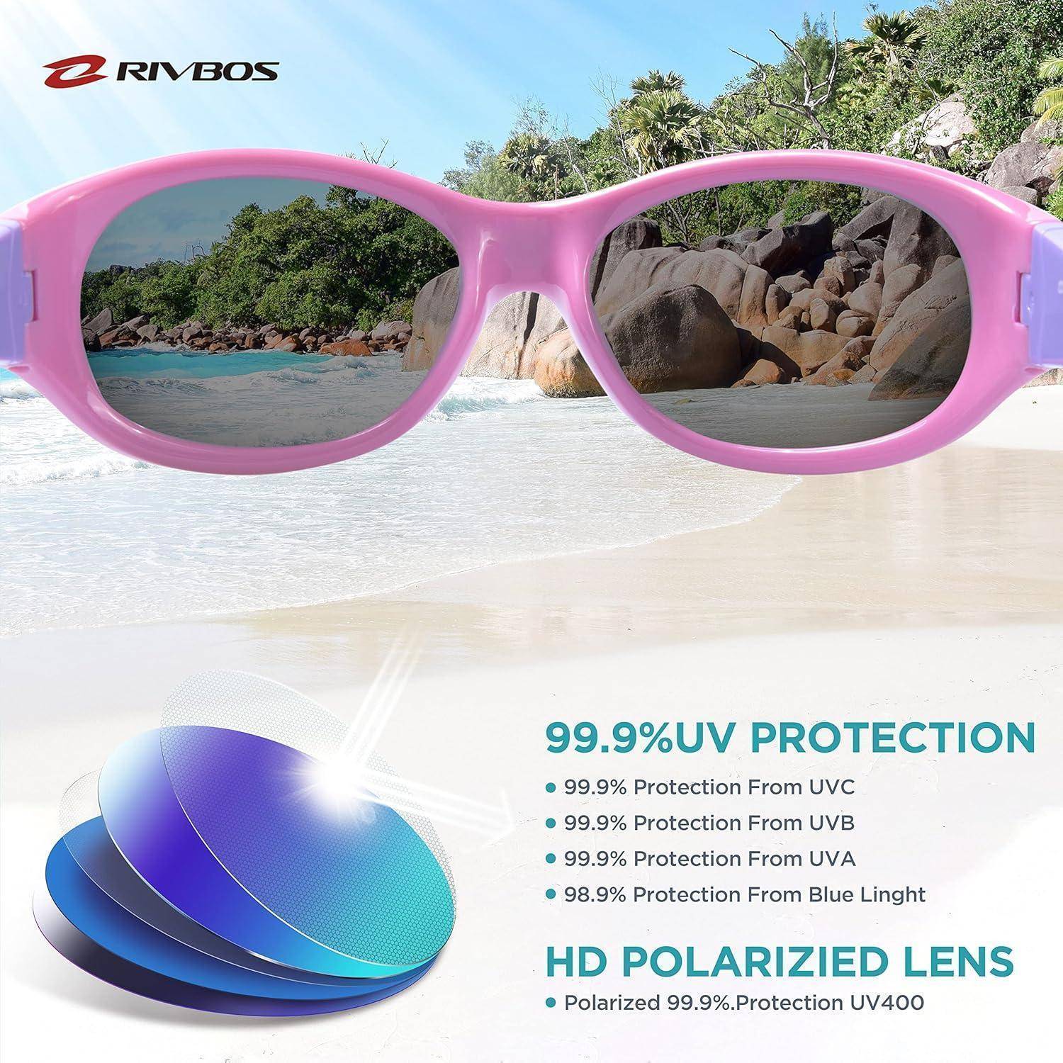 Rosa Sonnenbrille über einer Strandszene, beschriftet mit „99,9% UV-SCHUTZ" und „HD POLARISIERTE LINSE"" mit UV400-Blaulichtschutz-Ansprüchen.