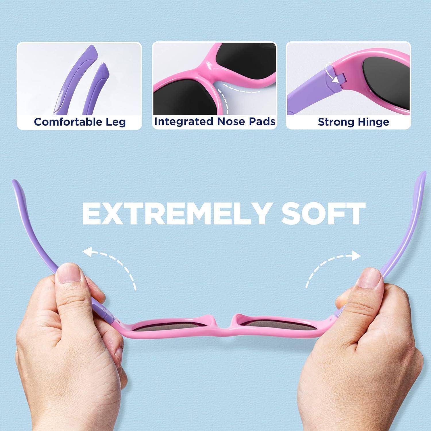 Anzeige mit flexiblen rosa-violetten Brillenfassungen, die von Händen gebogen werden, mit der Bezeichnung „Extrem weich" und Feature-Highlights: bequemer Bügel, integrierte Nasenpads, starke Scharniere.