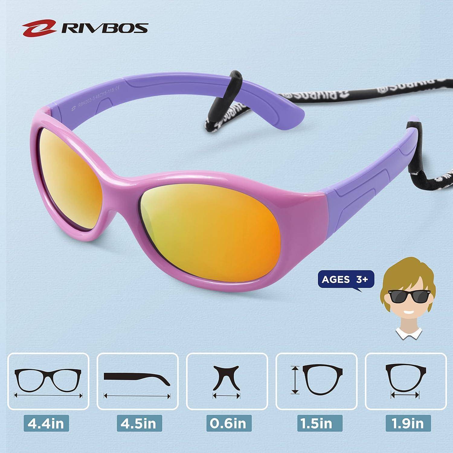 Rosa und violette RIVBOS Kinder-Sonnenbrillen mit gelben verspiegelten Gläsern, gezeigt mit Größenangaben und „AB 3 JAHREN"-Abzeichen.