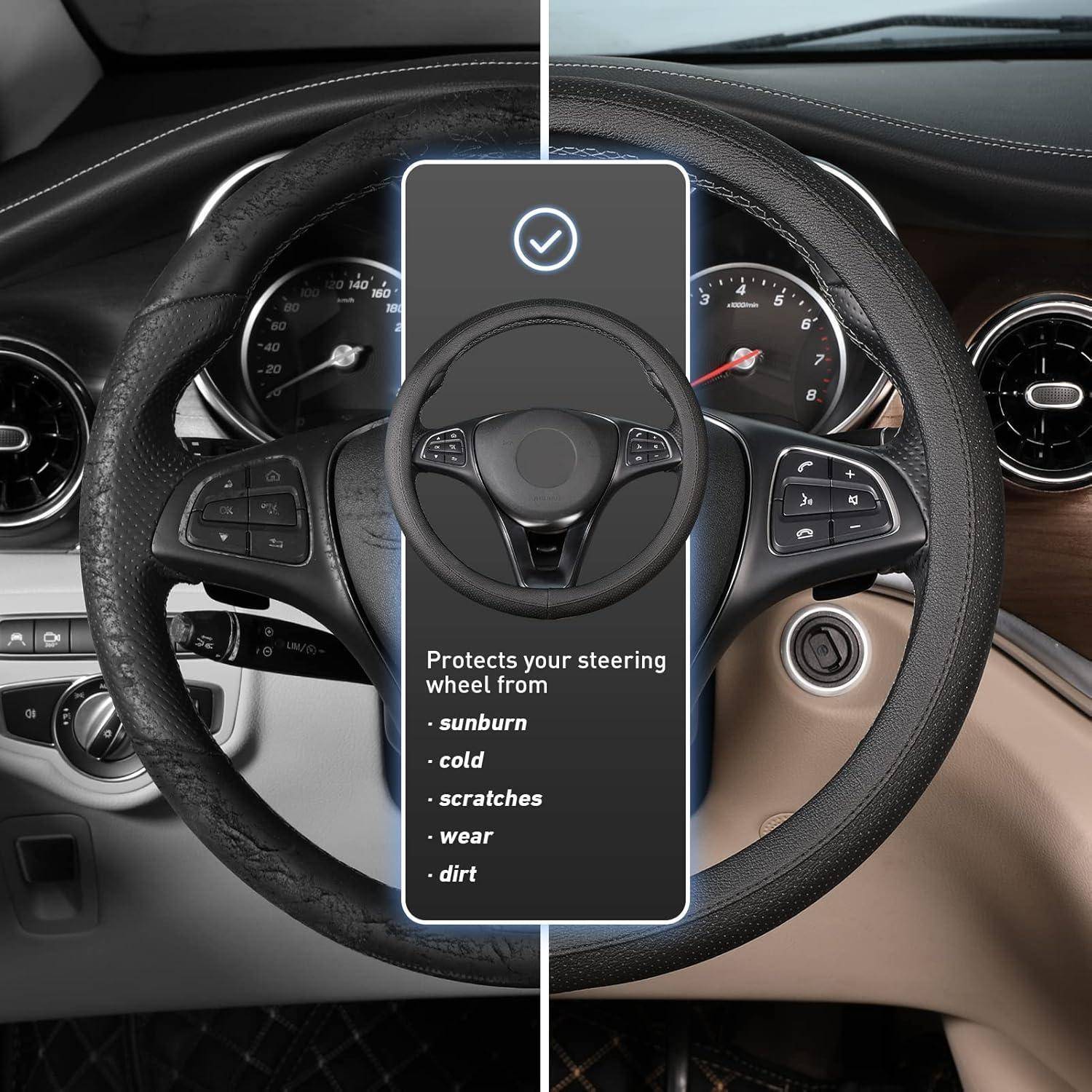 Lenkradschutz in einem Autoinnenraum gezeigt, mit Text, der besagt, dass es das Lenkrad vor Sonnenbrand, Kälte, Kratzern, Verschleiß und Schmutz schützt.