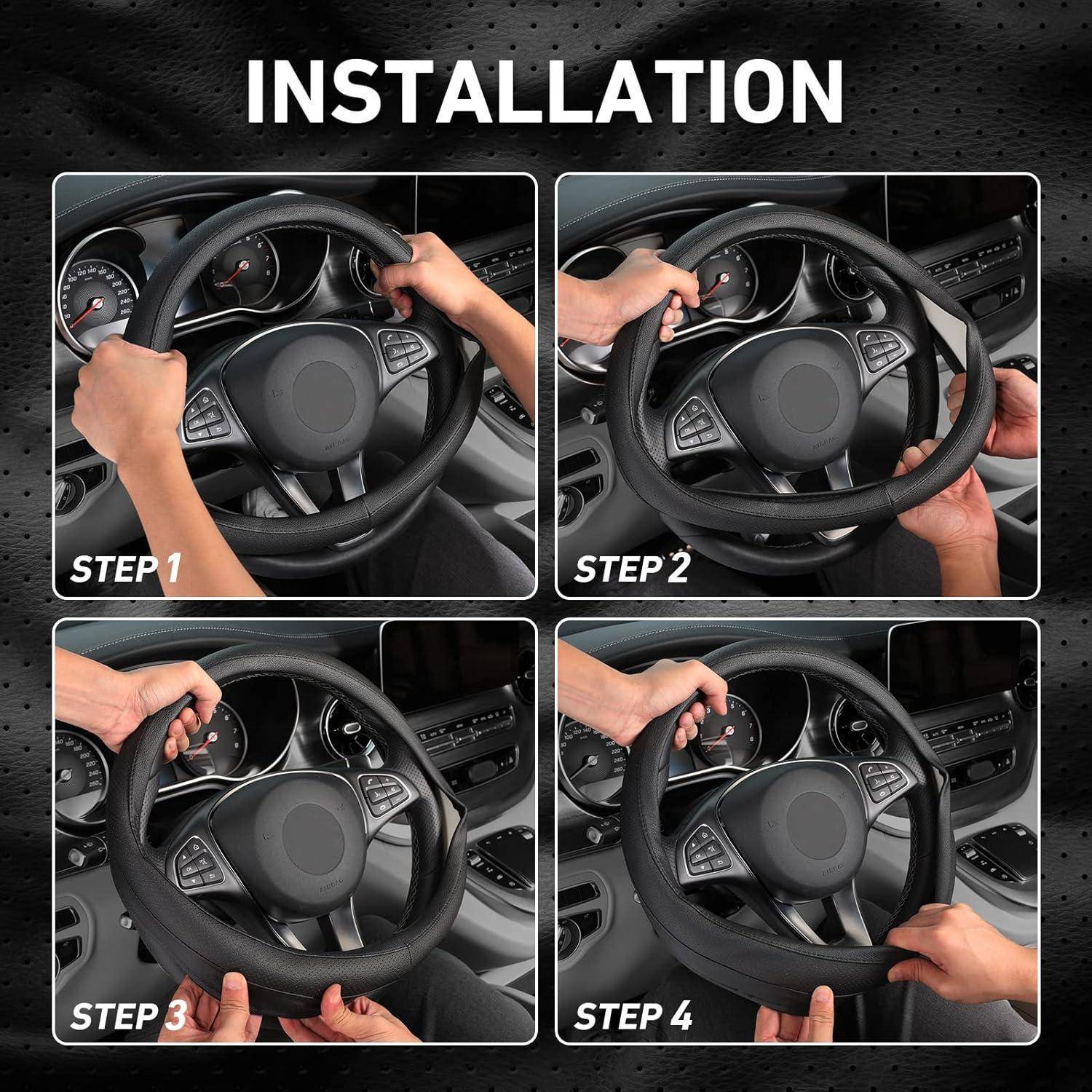 Vierteiliger Installationsleitfaden mit Bildern von Händen, die eine Lenkradabdeckung auf das Lenkrad eines Autos aufziehen, mit den Schritten 1 bis 4 gekennzeichnet.