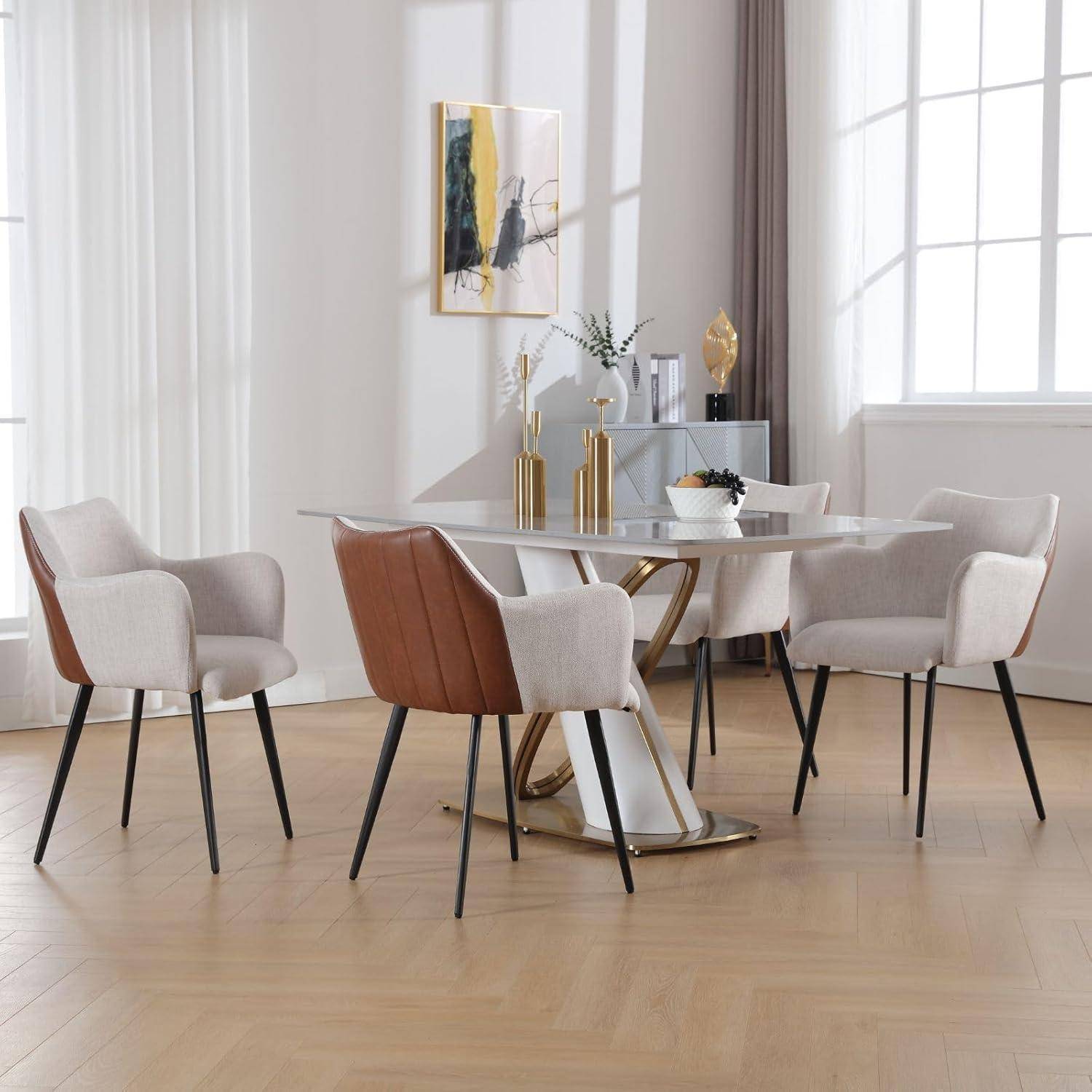 Ya-Home Esszimmerstühle 4er Set Leinen/ Armlehnen Metallbeine Beige in Lederoptik