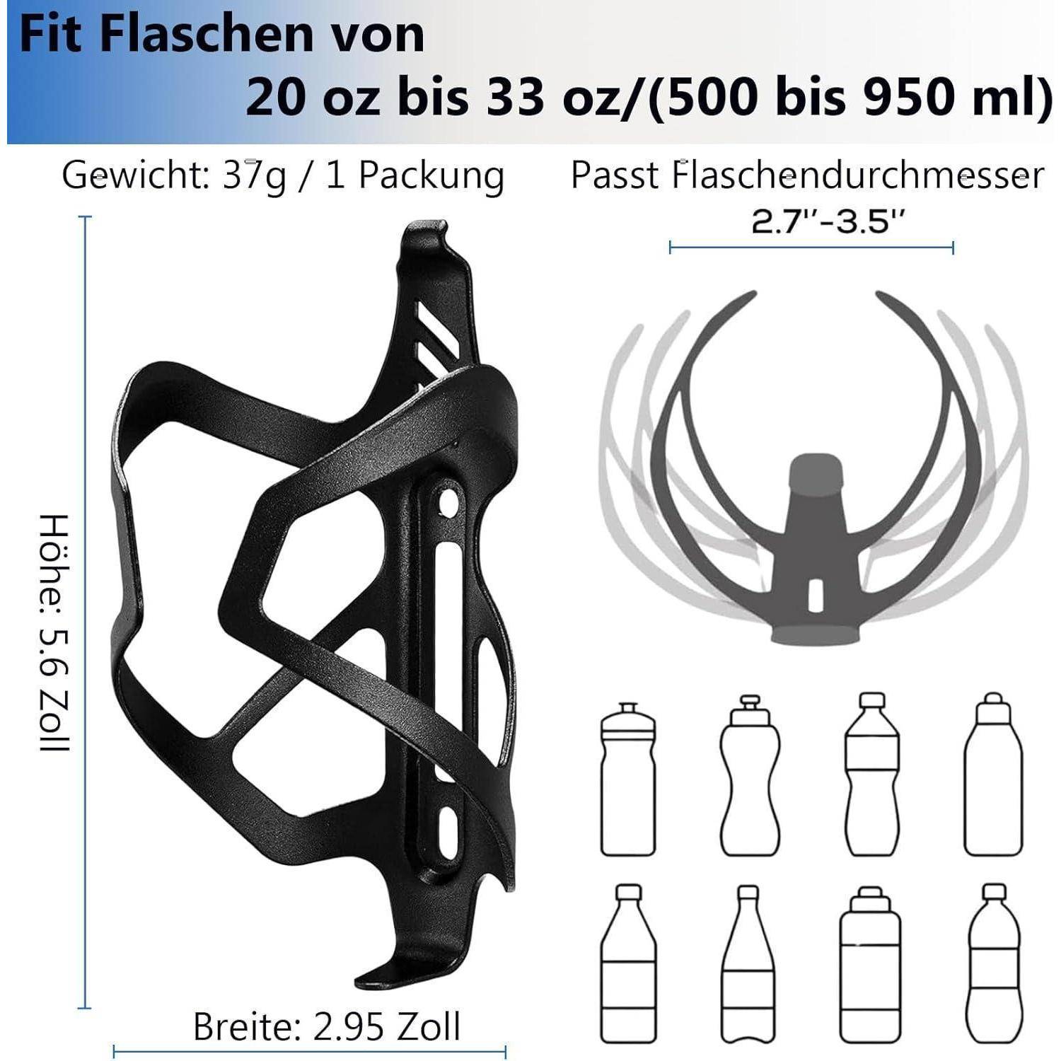 Flaschenhalter für 500-950 ml Flaschen (20-33 oz); abgebildete Abmessungen: 5,6 Zoll Höhe, 2,95 Zoll Breite, passt für Flaschenduchmesser von 2,7-3,5 Zoll.