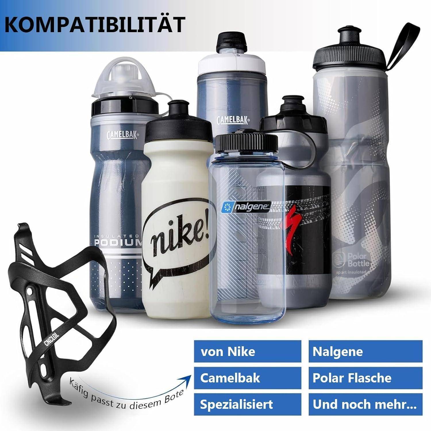 Kompatibilitätsgrafik mit einem schwarzen Flaschenhalter und mehreren Wasserflaschen von Nike, Camelbak, Nalgene, Polar Bottle, Specialized und weiteren Herstellern, mit deutschen Beschriftungen zur Angabe der Passform.